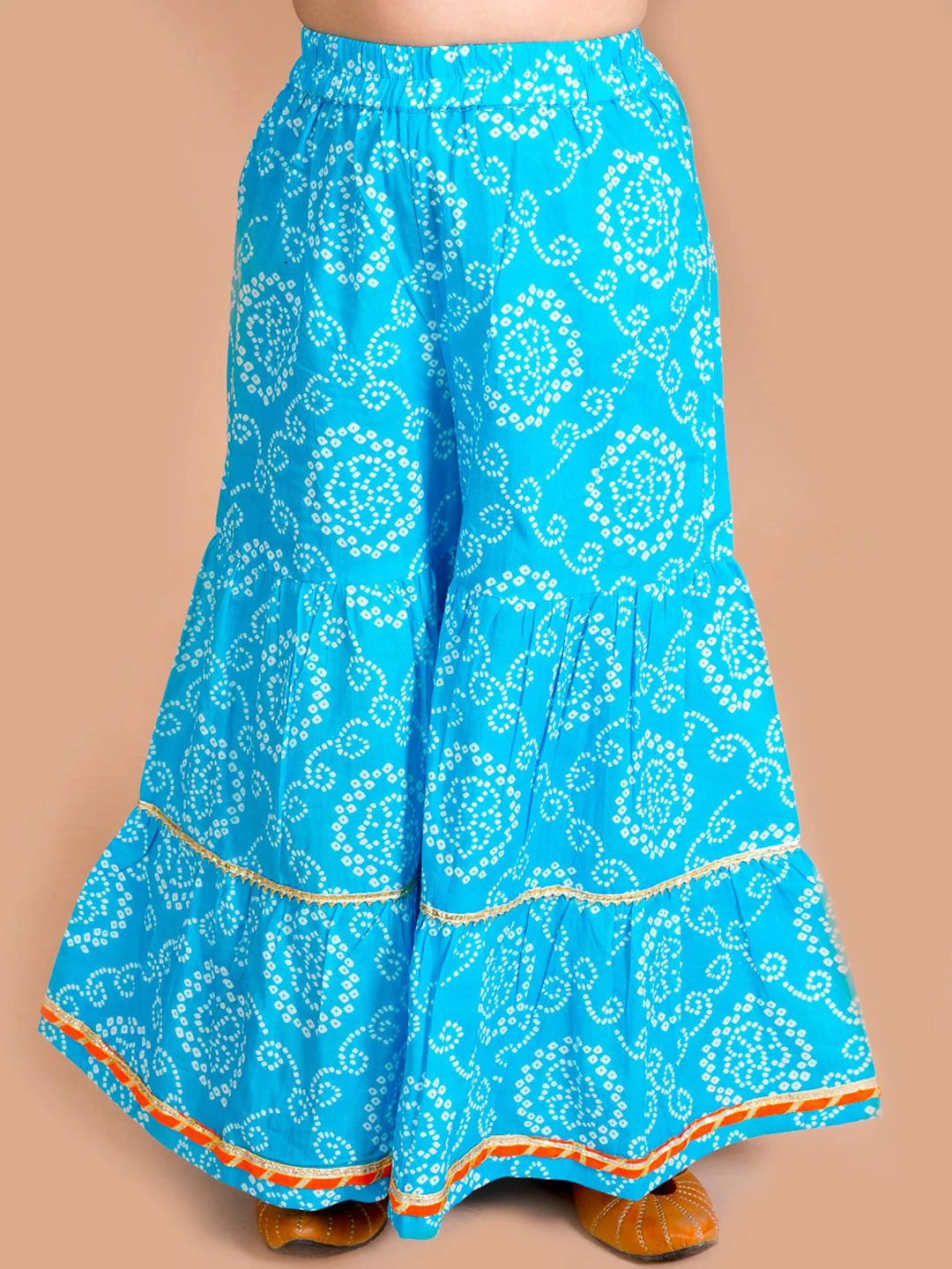 pspeaches Girls Blue Bandhani Printed Panelled Gotta Patti Pure Cotton Kurti with Sharara & With Dupatta - Image 6