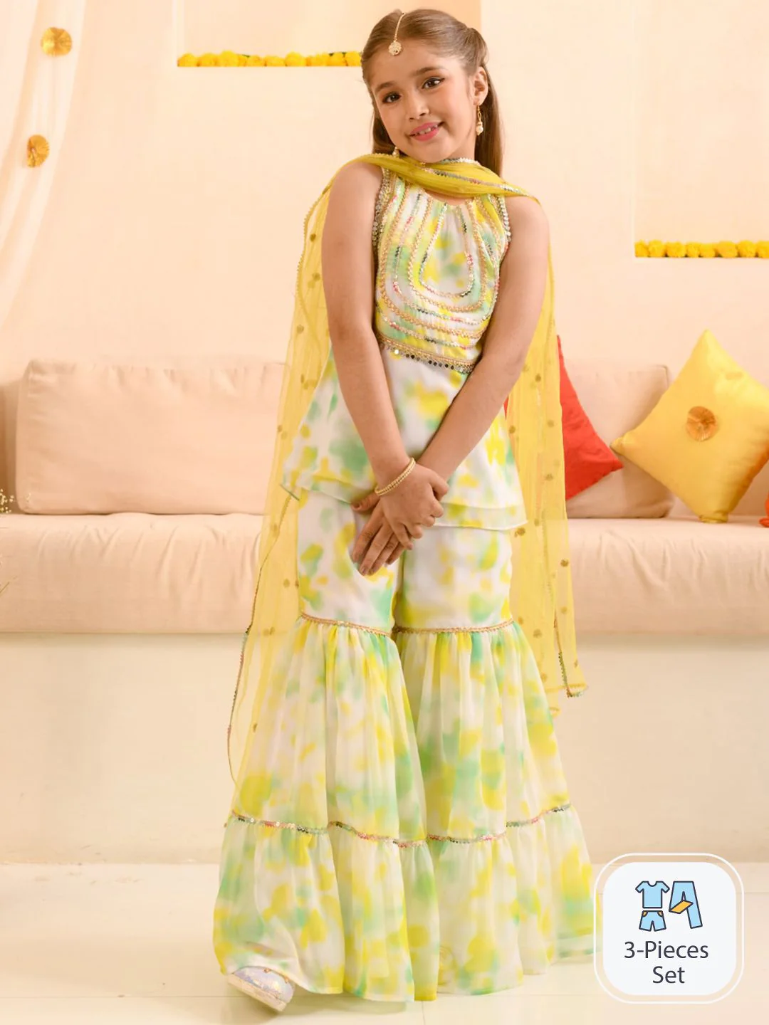 pspeaches Girls Dyed Regular Gotta Patti Kurta with Sharara & Dupatta