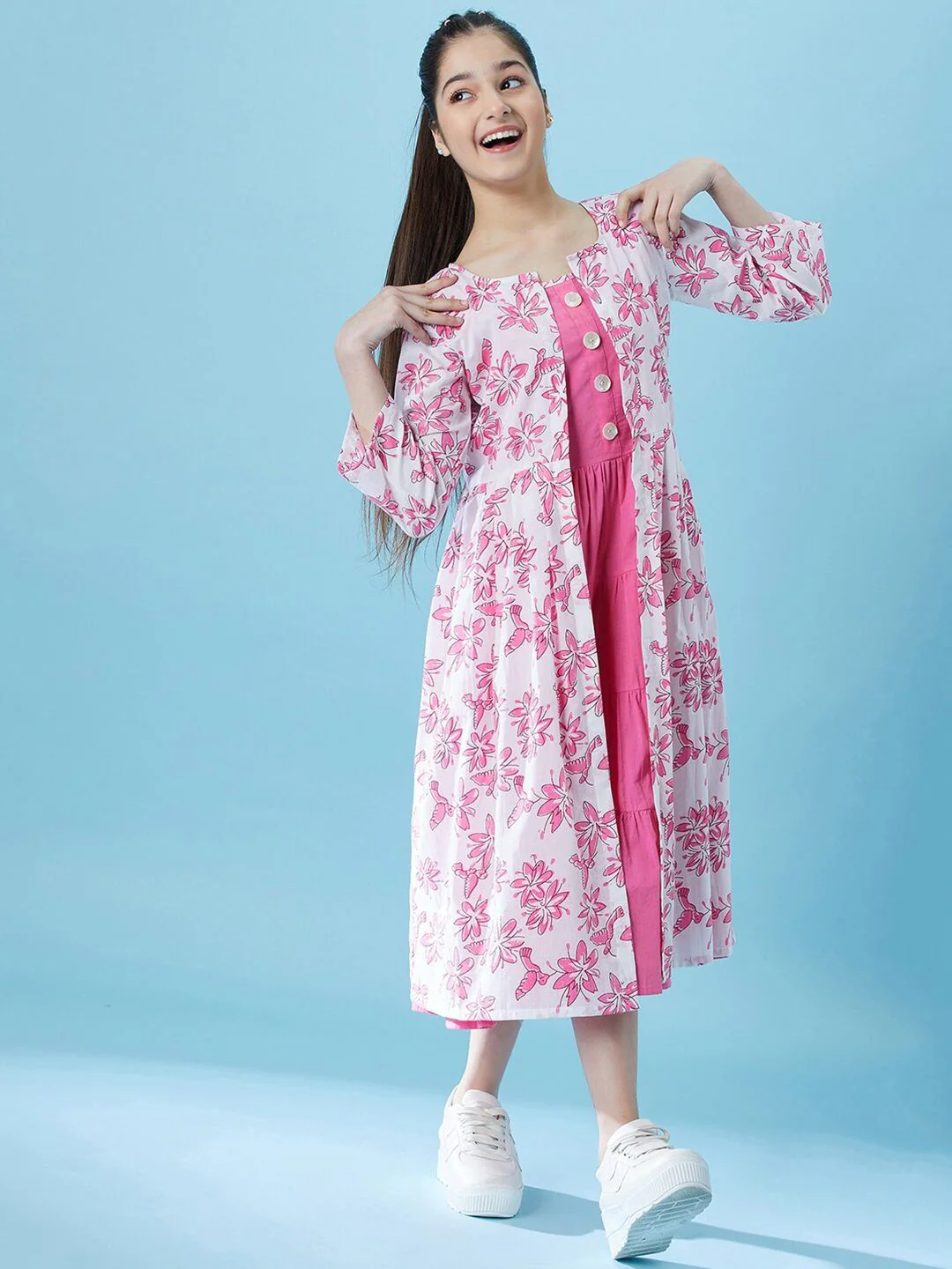 pspeaches Girls Fit And Flare Tiered Cotton Midi Dress With Shrug