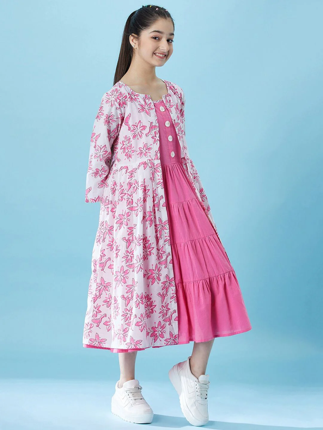 pspeaches Girls Fit And Flare Tiered Cotton Midi Dress With Shrug - Image 3