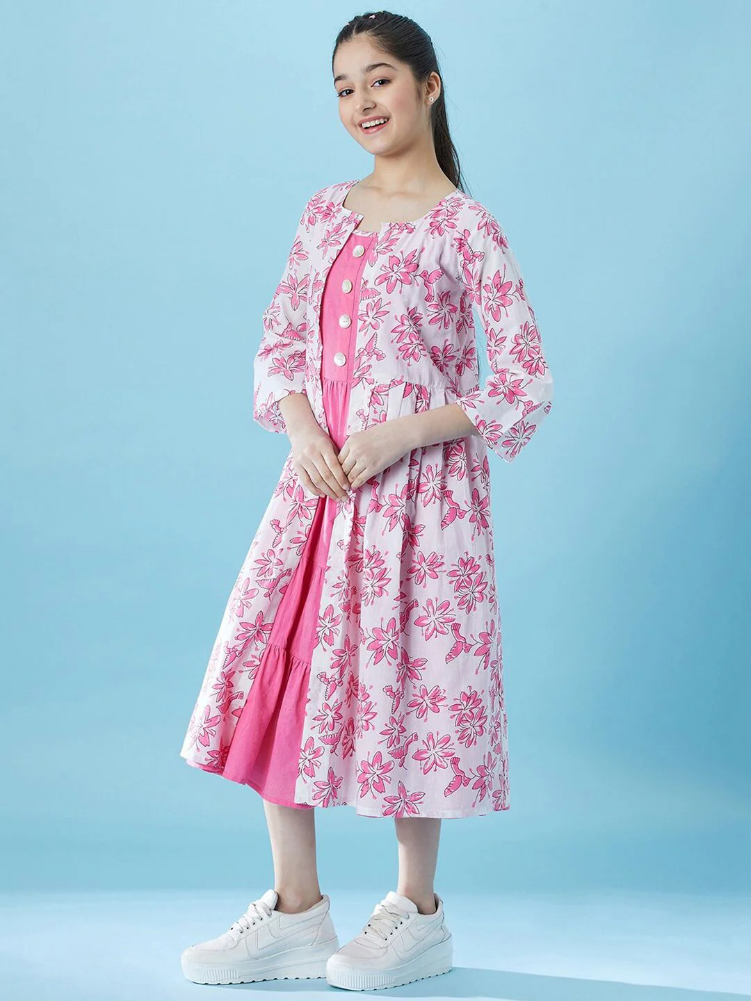 pspeaches Girls Fit And Flare Tiered Cotton Midi Dress With Shrug - Image 5