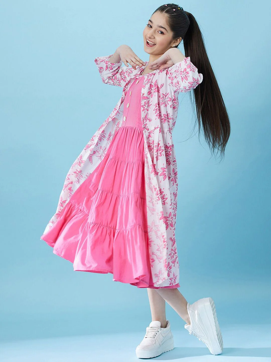 pspeaches Girls Fit And Flare Tiered Cotton Midi Dress With Shrug - Image 6