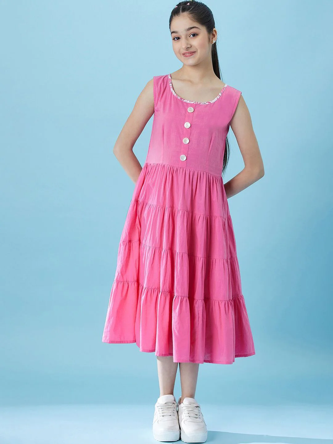 pspeaches Girls Fit And Flare Tiered Cotton Midi Dress With Shrug - Image 7