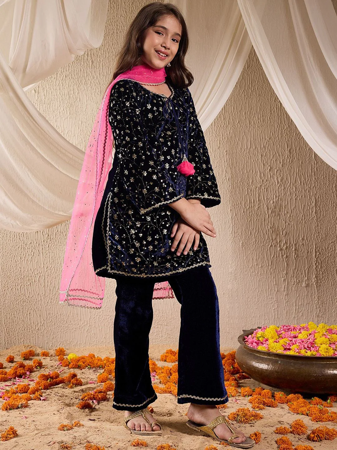 pspeaches Girls Floral Embroidered Sequinned Velvet Kurta with Sharara & Dupatta - Image 3