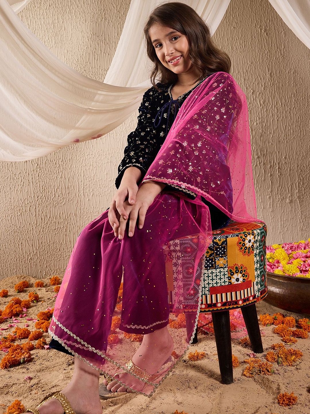 pspeaches Girls Floral Embroidered Sequinned Velvet Kurta with Sharara & Dupatta - Image 4