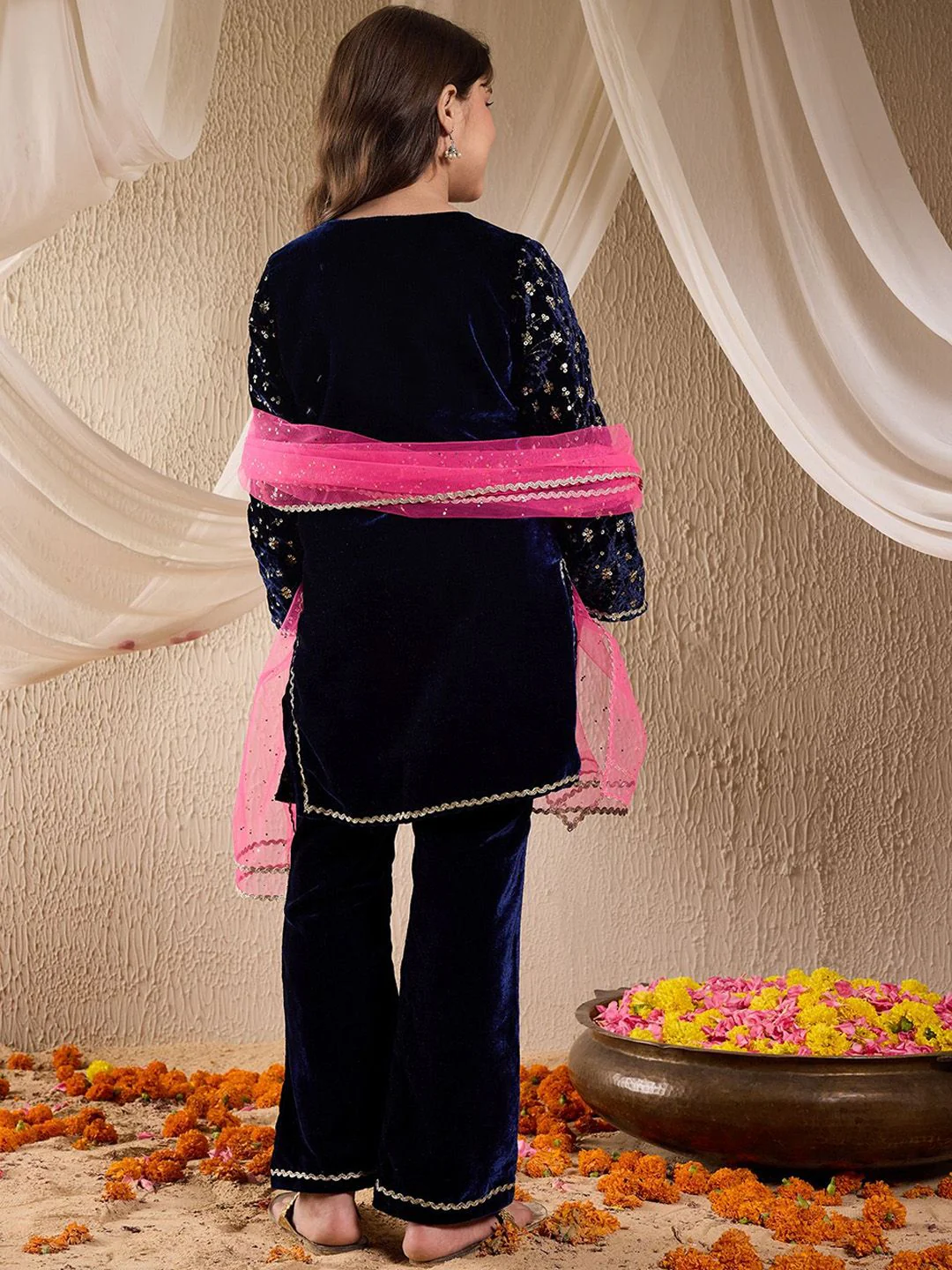 pspeaches Girls Floral Embroidered Sequinned Velvet Kurta with Sharara & Dupatta - Image 5
