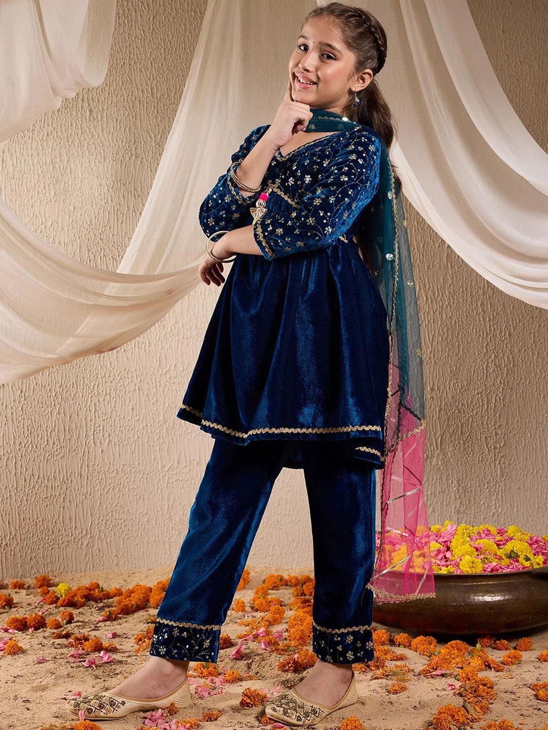 pspeaches Girls Floral Embroidered Sequinned Velvet Kurta with Trousers & Dupatta - Image 4