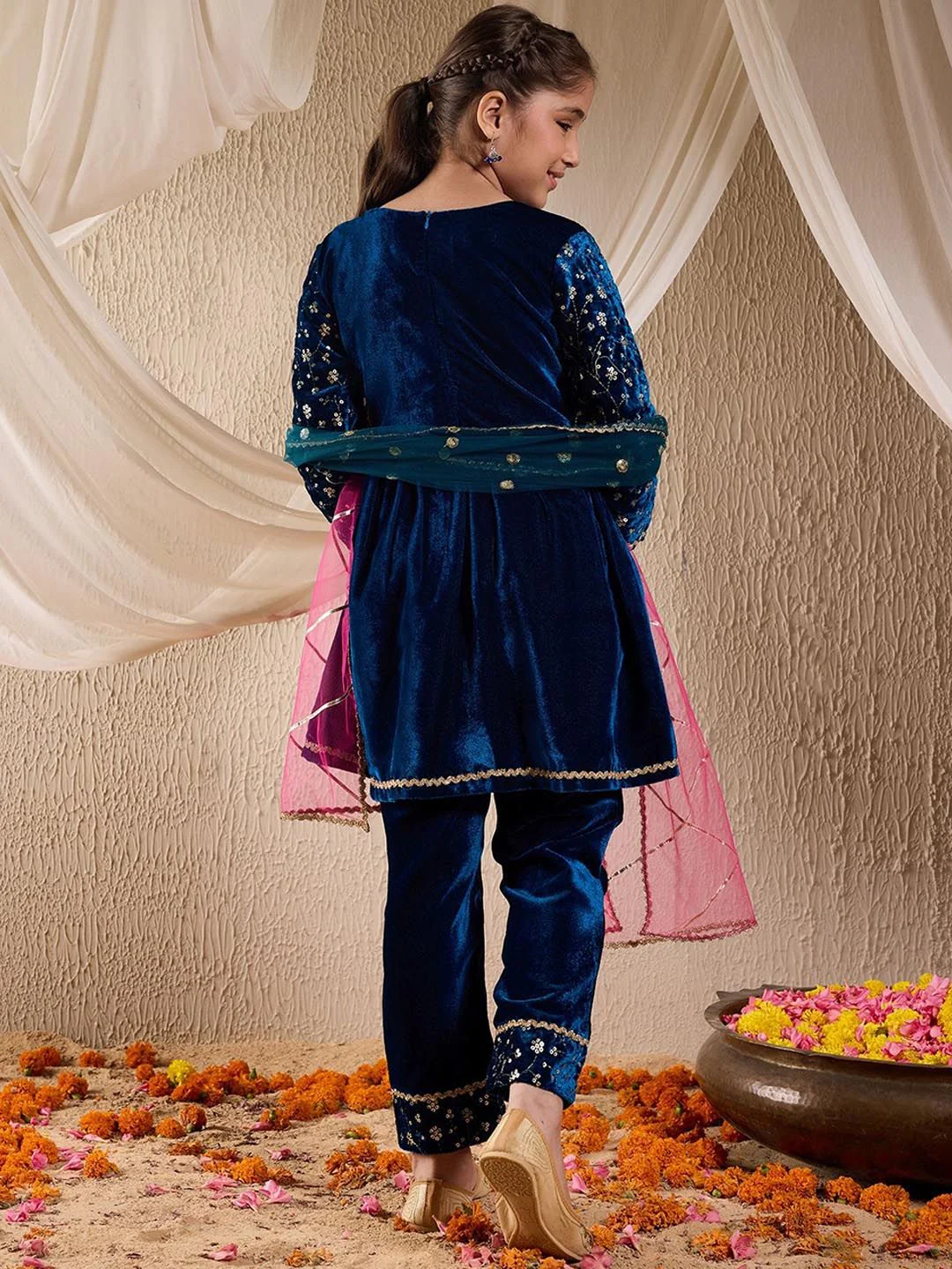pspeaches Girls Floral Embroidered Sequinned Velvet Kurta with Trousers & Dupatta - Image 6