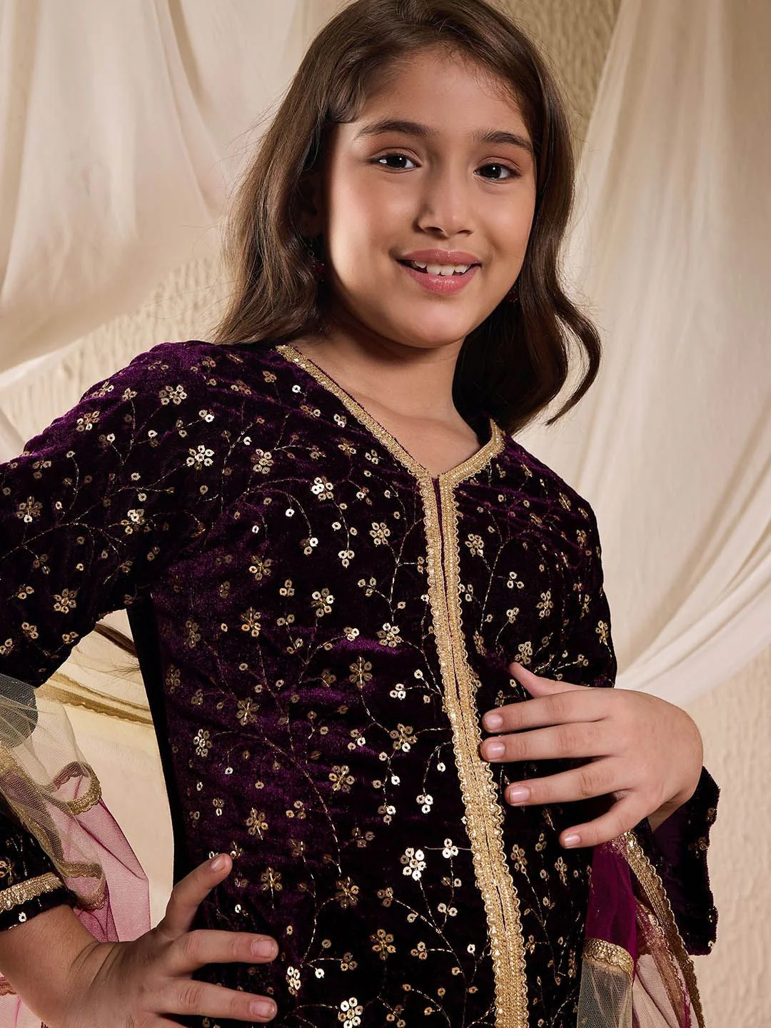 pspeaches Girls Floral Embroidered Velvet Kurta with Dhoti Pants & Dupatta - Image 2