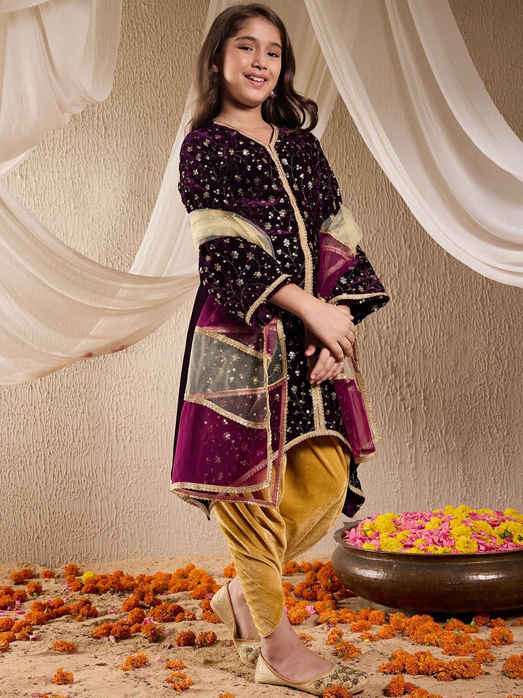 pspeaches Girls Floral Embroidered Velvet Kurta with Dhoti Pants & Dupatta - Image 4