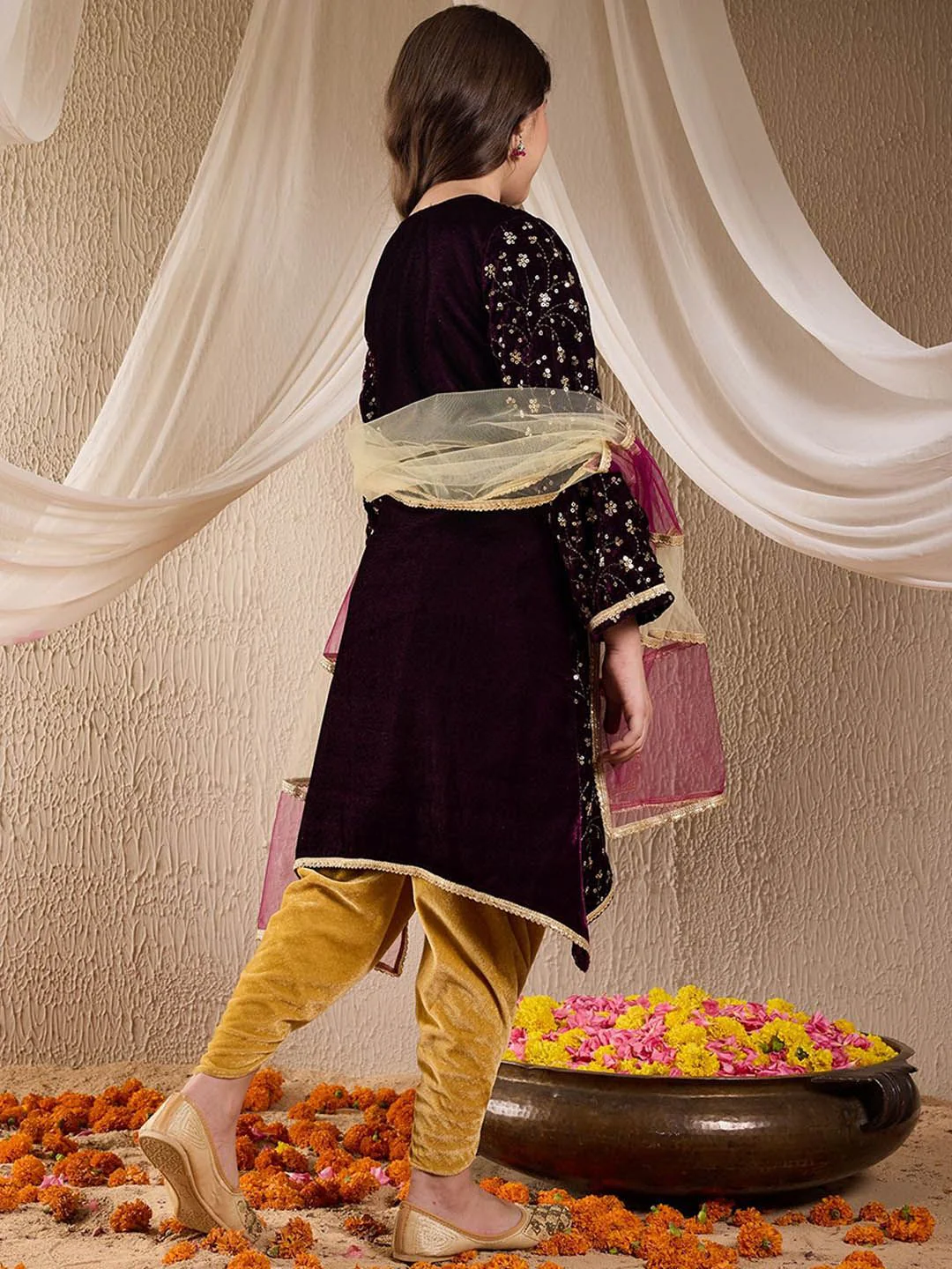 pspeaches Girls Floral Embroidered Velvet Kurta with Dhoti Pants & Dupatta - Image 6