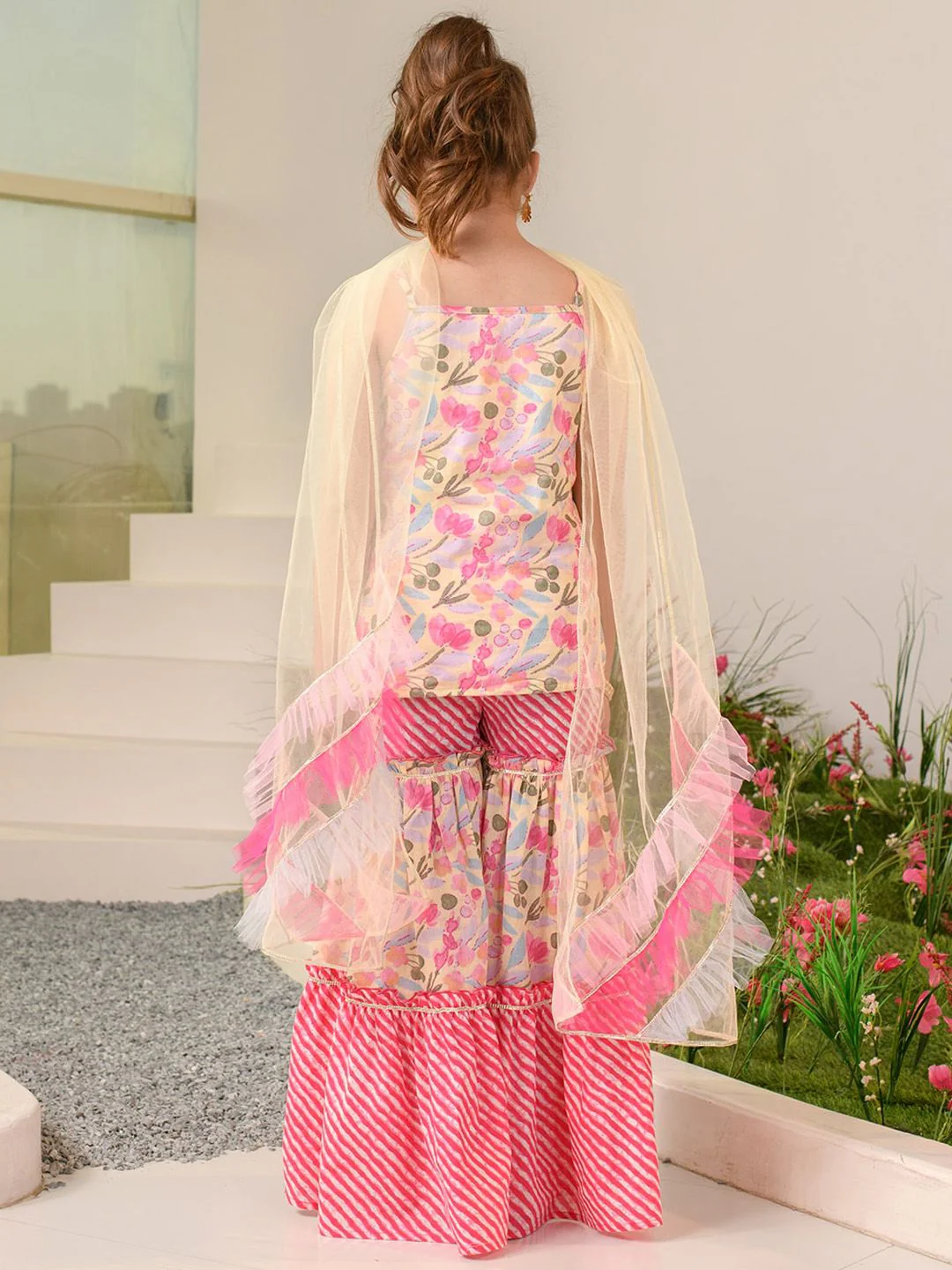 pspeaches Girls Floral Printed Regular Pure Cotton Kurta with Sharara & Dupatta - Image 4