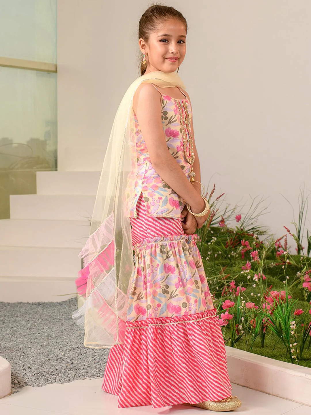 pspeaches Girls Floral Printed Regular Pure Cotton Kurta with Sharara & Dupatta - Image 5