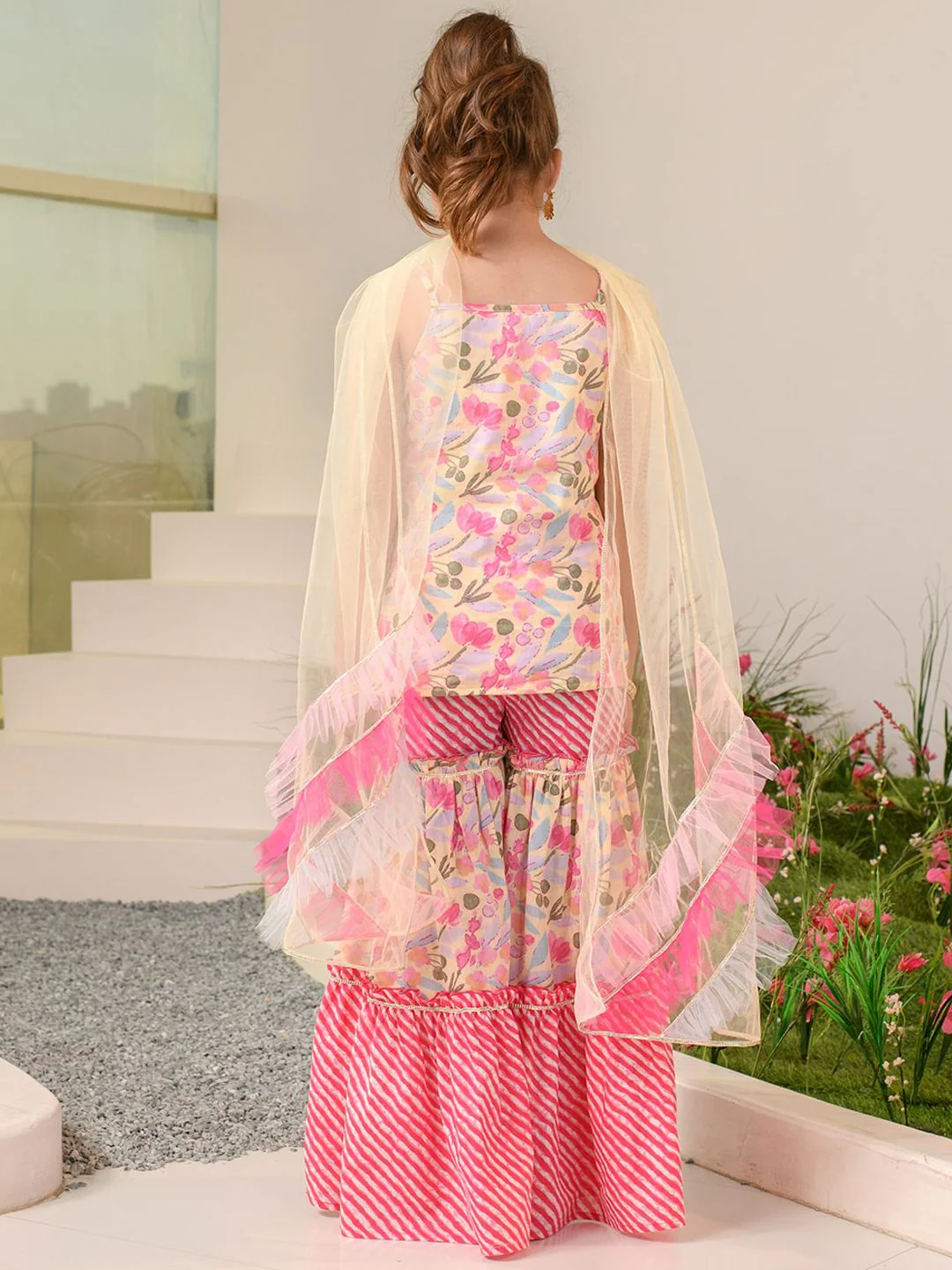 pspeaches Girls Floral Printed Regular Pure Cotton Kurta with Sharara & Dupatta - Image 5