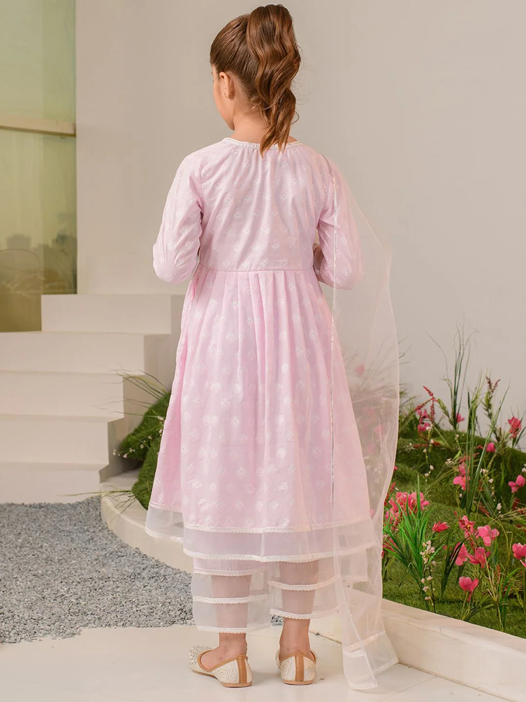 pspeaches Girls Pink Ethnic Motifs Printed Regular Pure Cotton Kurta with Palazzos & With Dupatta - Image 5