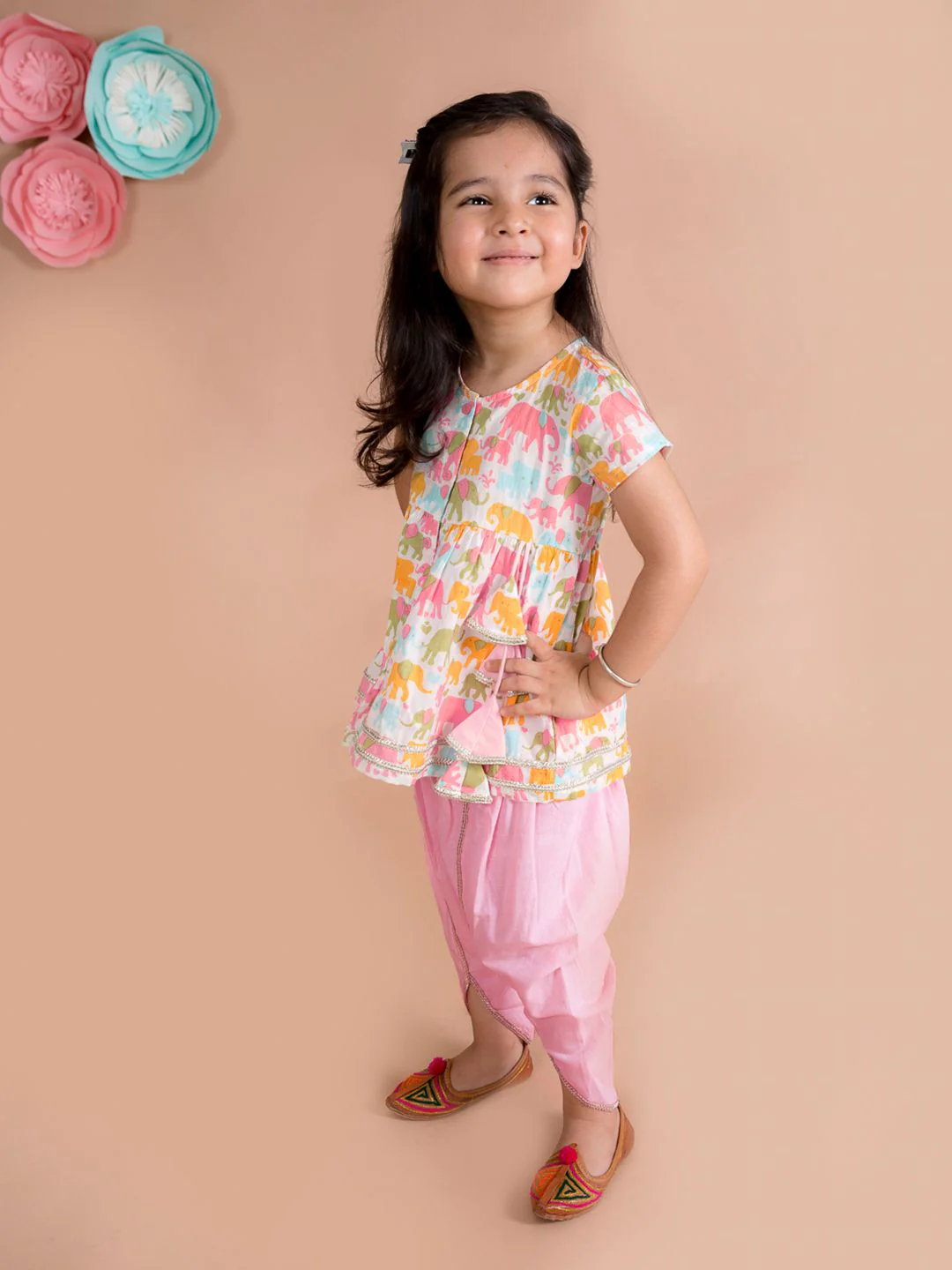 pspeaches Girls White Ethnic Motifs Printed Pleated Gotta Patti Pure Cotton Kurti with Dhoti Pants - Image 5