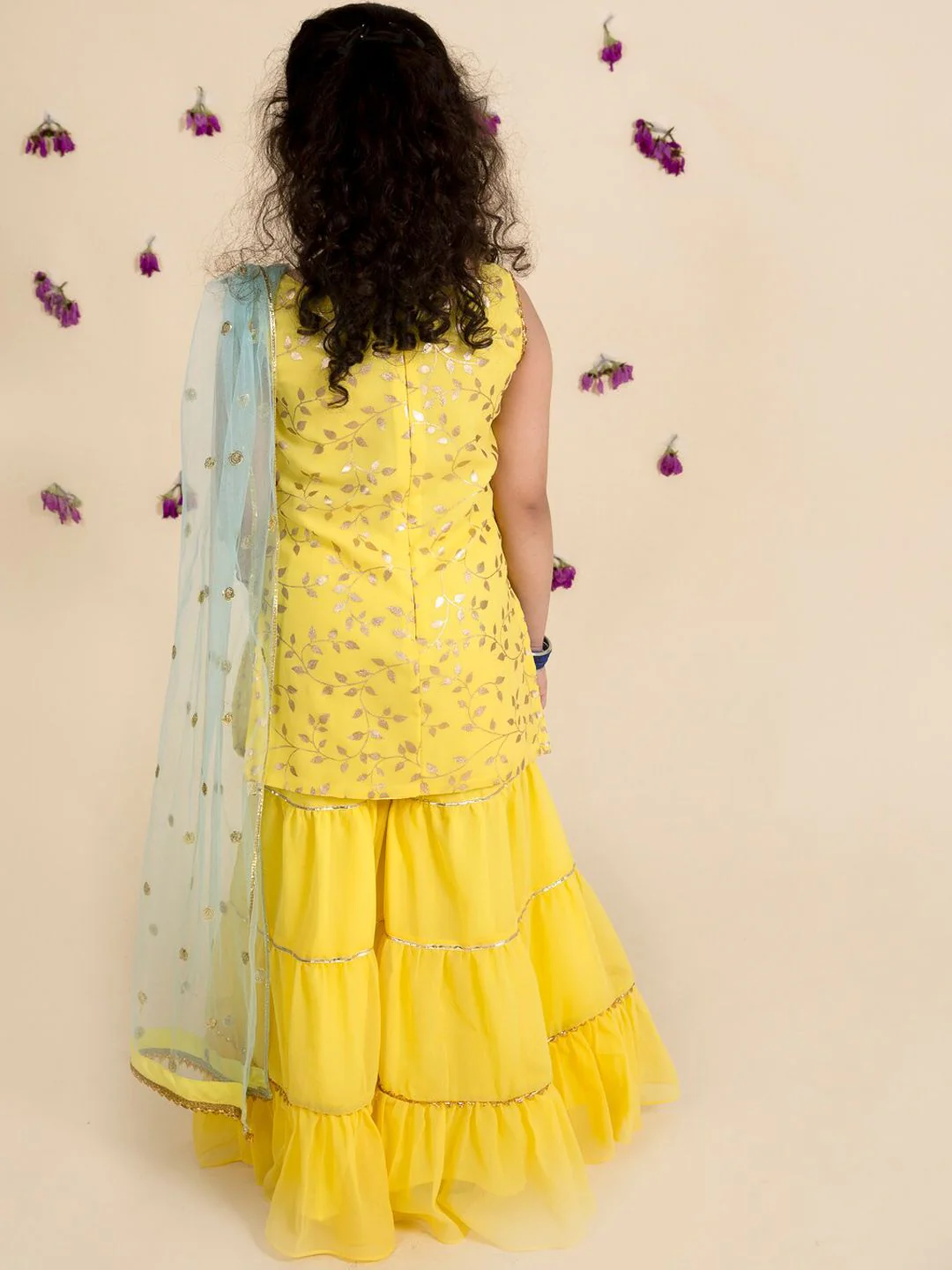 pspeaches Girls Yellow Embroidered Kurti with Sharara & With Dupatta - Image 5