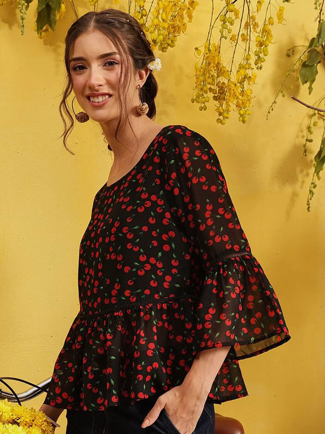 QUIERO Women Floral Print Bell Sleeve Georgette Top - Image 3