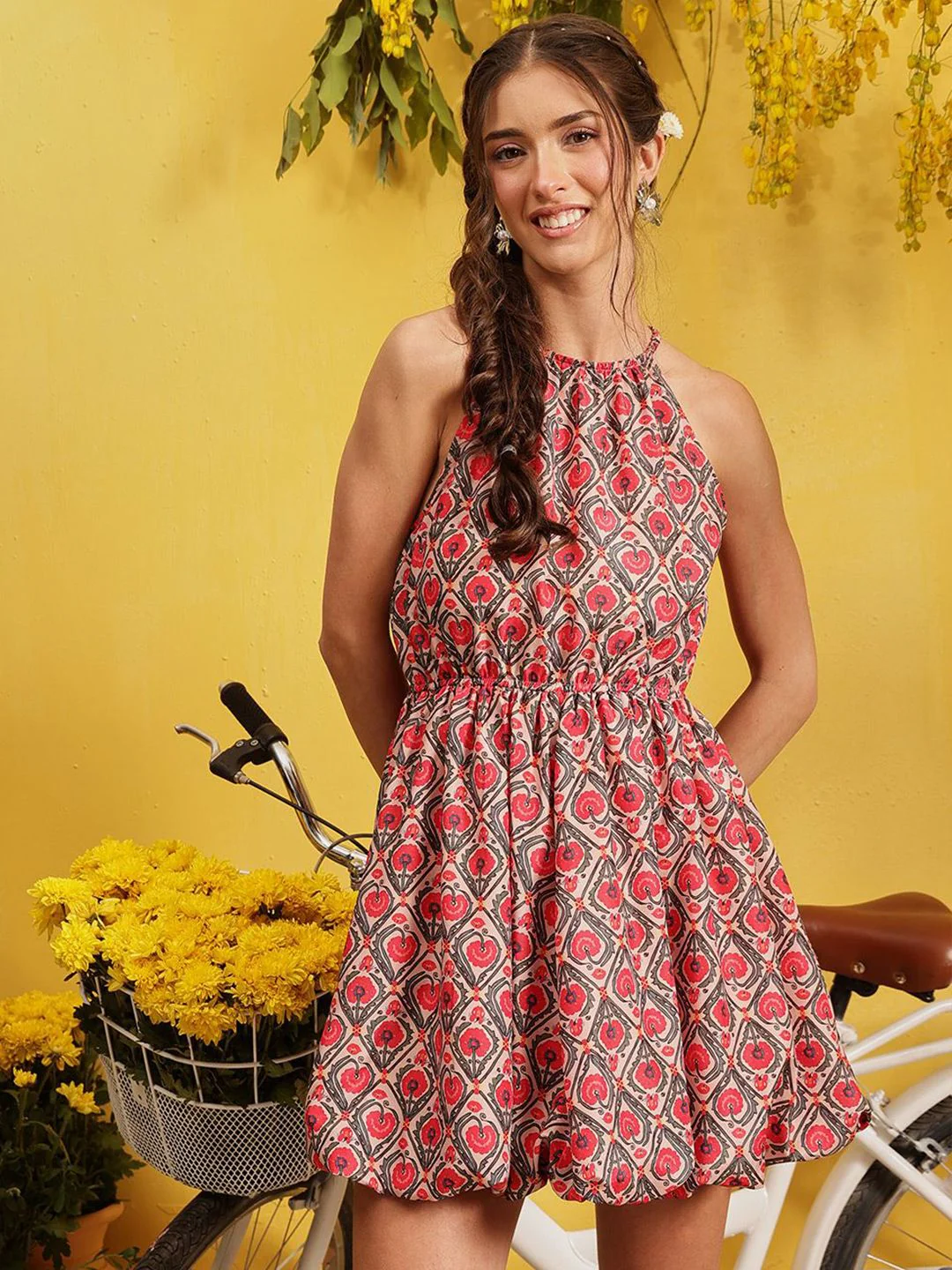 QUIERO Women Geometric Printed Round Neck Georgette A-Line Mini Dress - Image 2