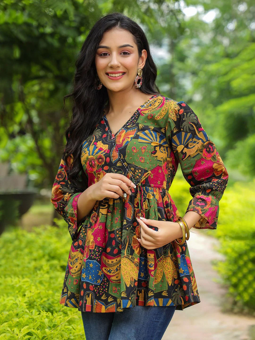 Rain & Rainbow Floral Printed Bell Sleeve Cotton Empire Top - Image 3