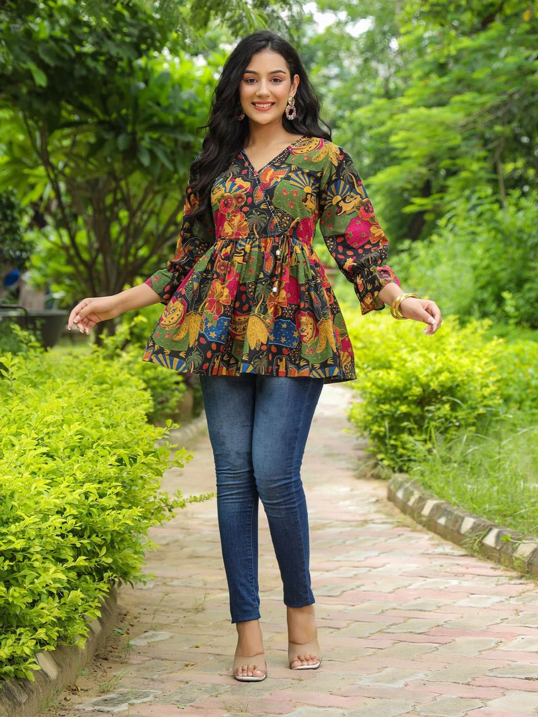 Rain & Rainbow Floral Printed Bell Sleeve Cotton Empire Top - Image 4