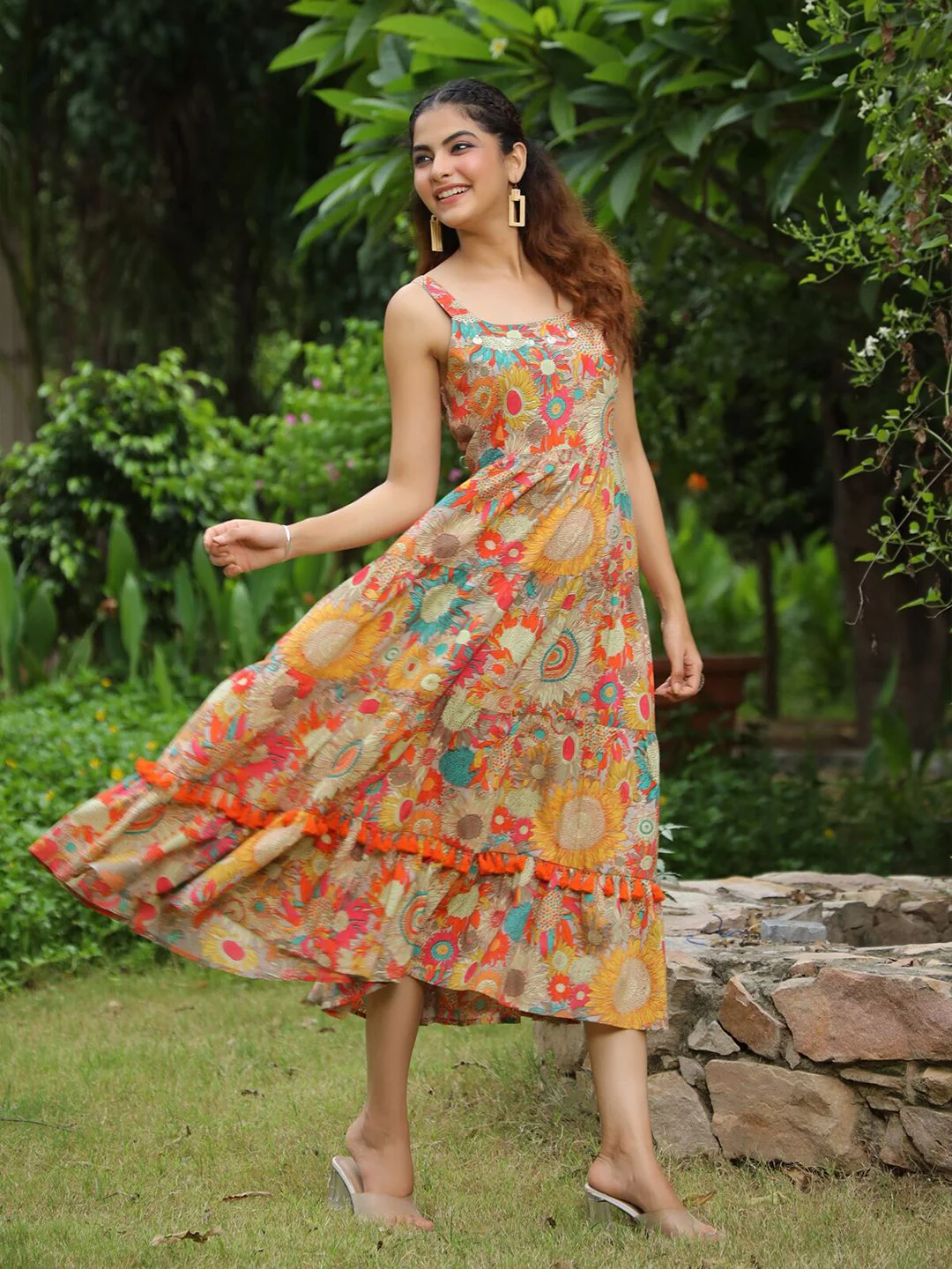 Rain & Rainbow Shoulder Strapped Floral Printed Fit and Flared Pure Cotton Midi Dress - Image 3