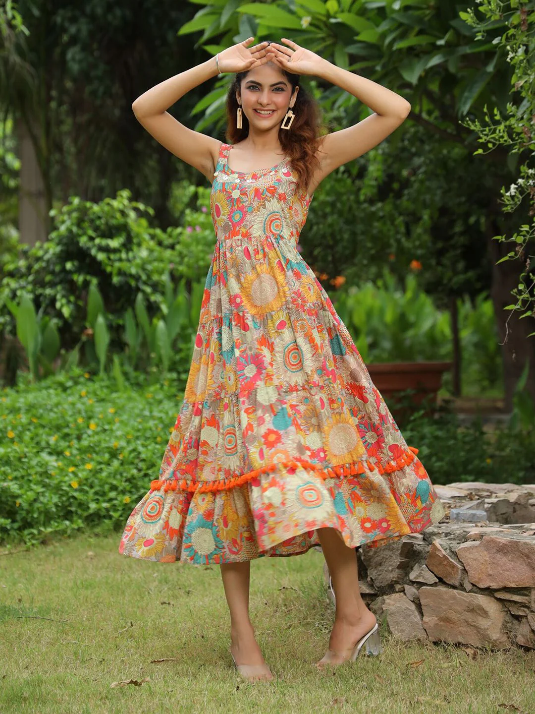 Rain & Rainbow Shoulder Strapped Floral Printed Fit and Flared Pure Cotton Midi Dress - Image 6