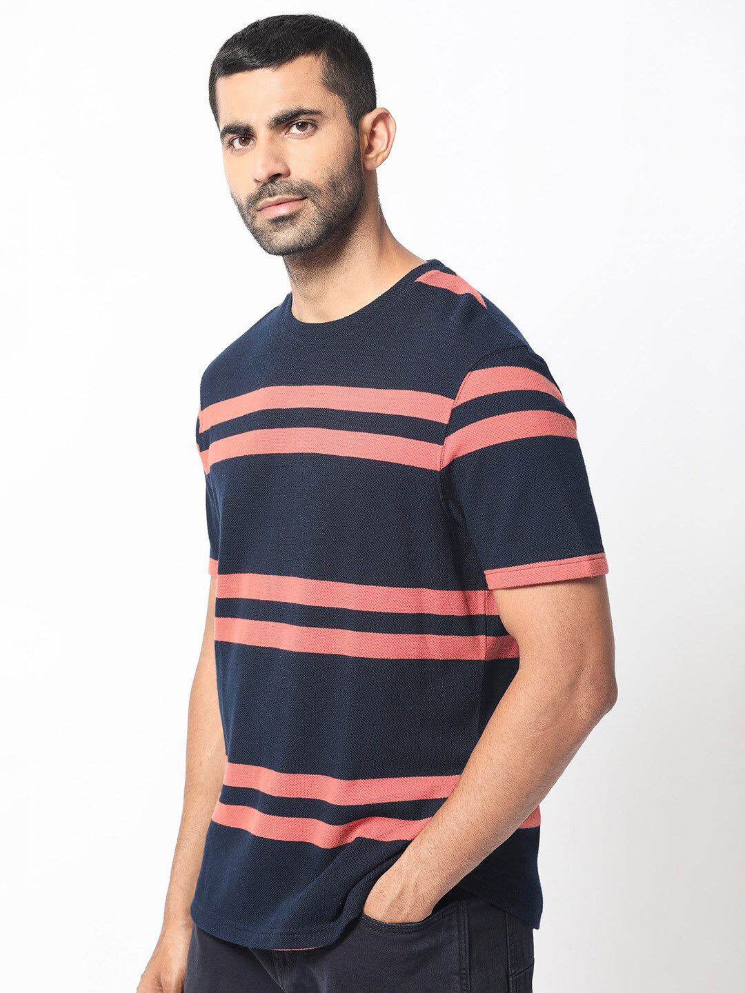 RARE RABBIT Men Cachos Striped Pure Cotton Slim Fit T-Shirt - Image 7