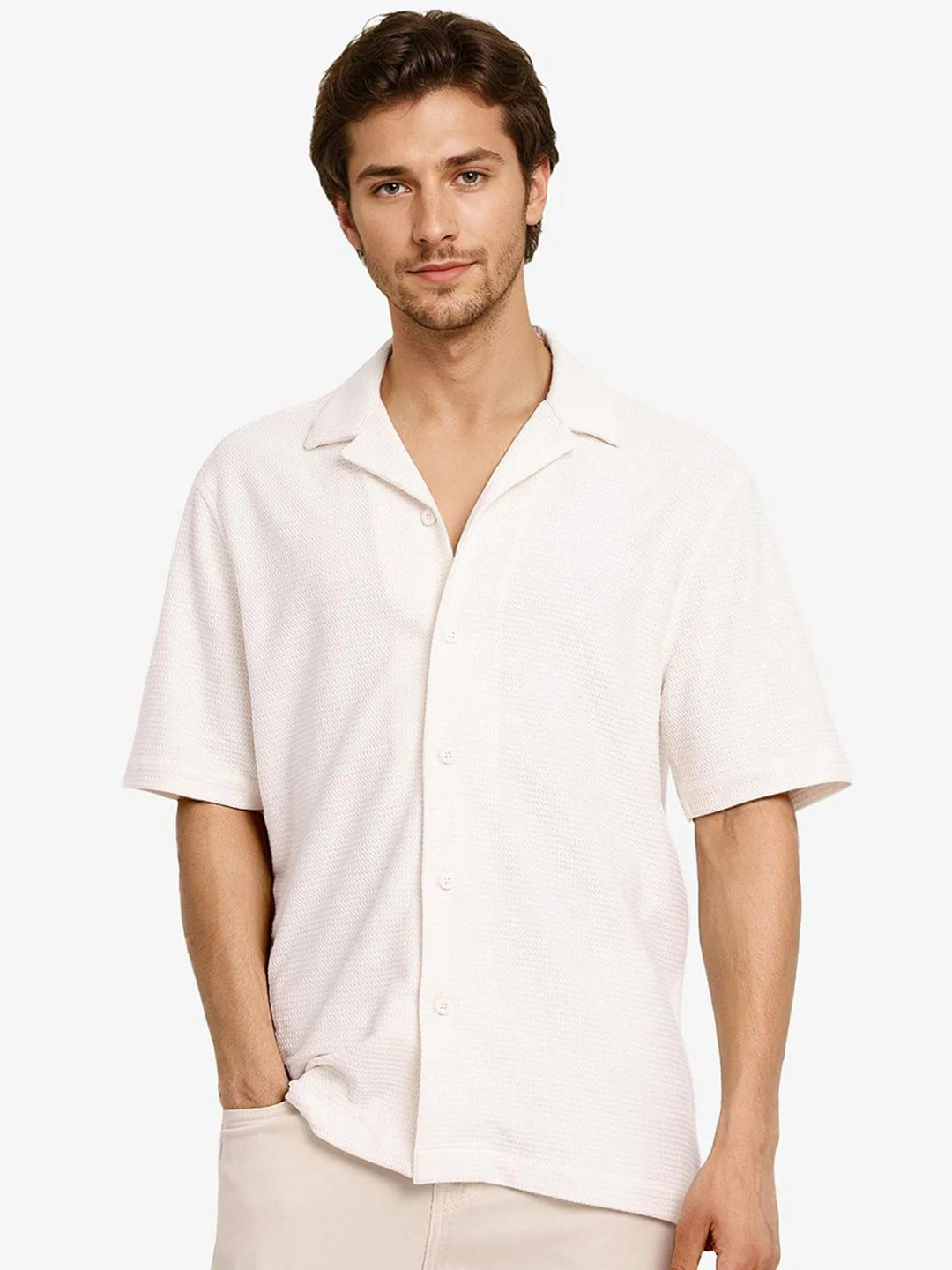 RARE RABBIT Men Comfort Cuban Collar Solid Cotton Boxy Casual Shirt