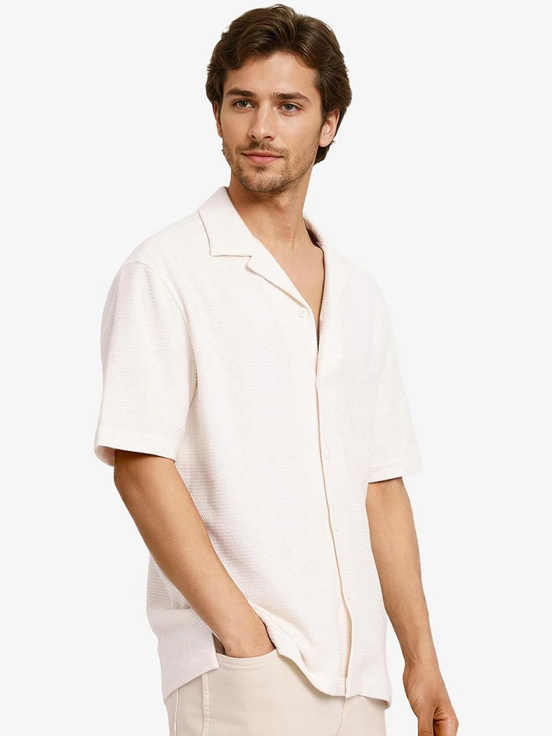 RARE RABBIT Men Comfort Cuban Collar Solid Cotton Boxy Casual Shirt - Image 3