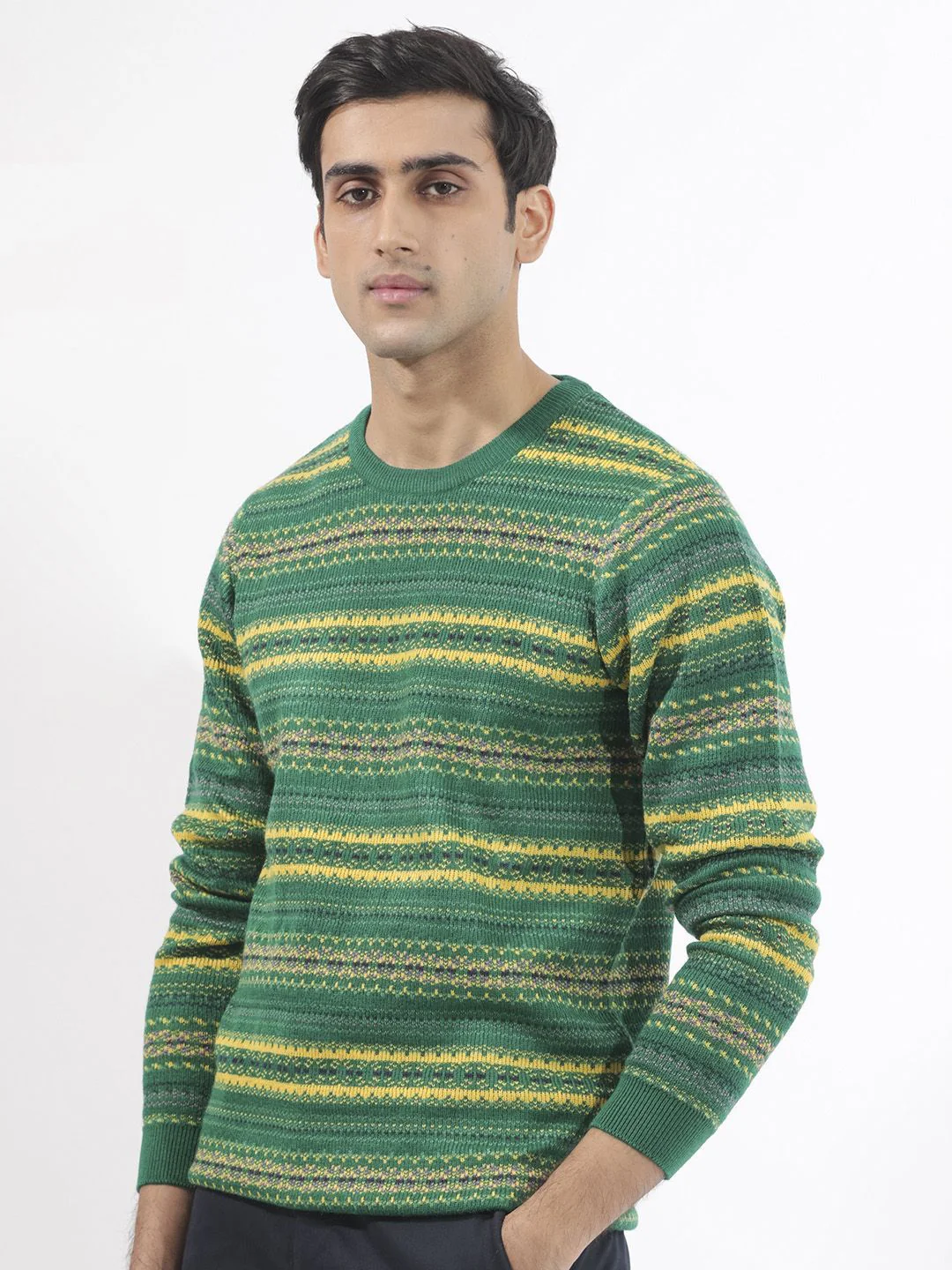 RARE RABBIT Men Fare Crew Neck Chevron Printed Acrylic Sweater - Image 5