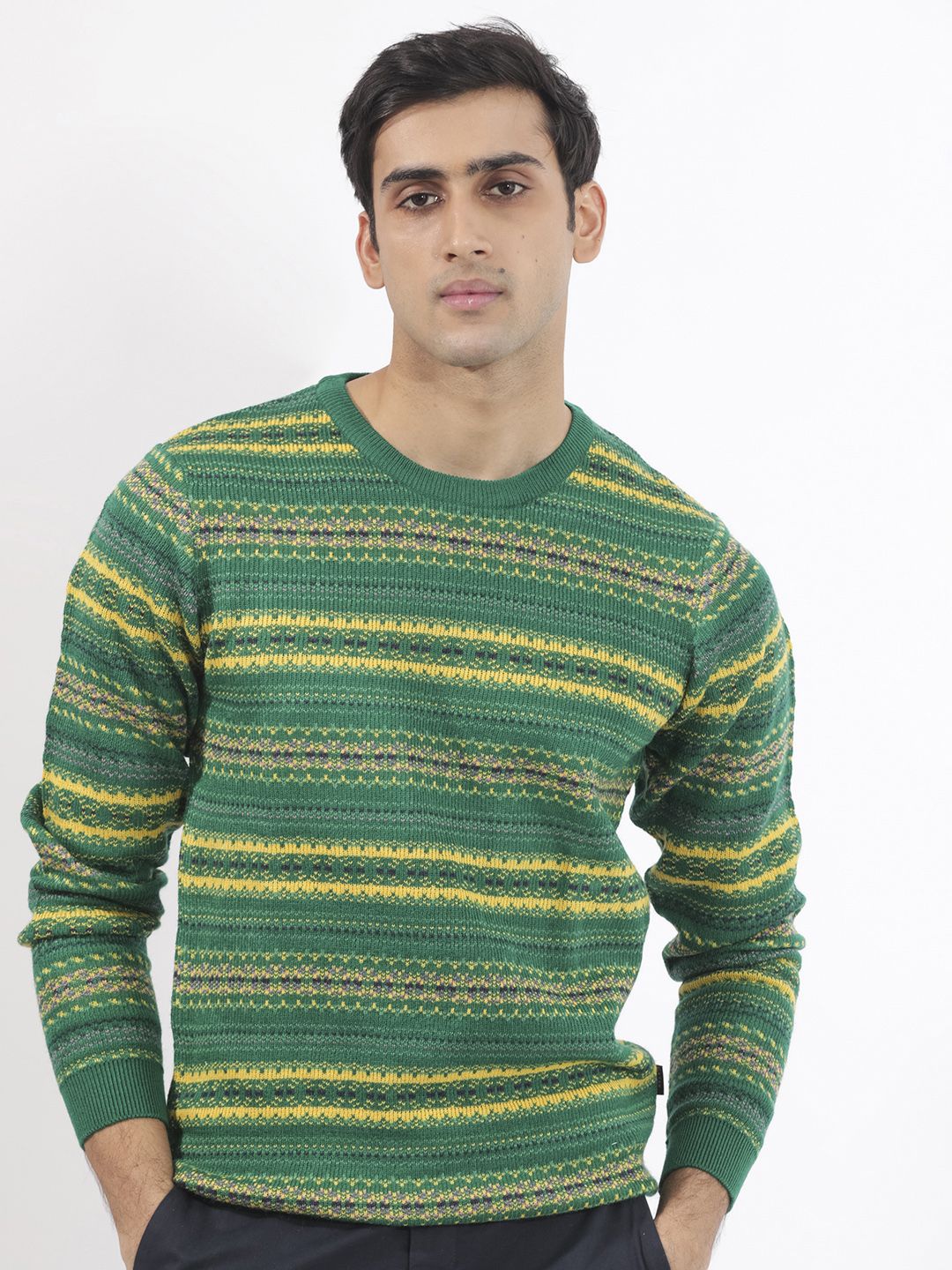 RARE RABBIT Men Fare Crew Neck Chevron Printed Acrylic Sweater - Image 7