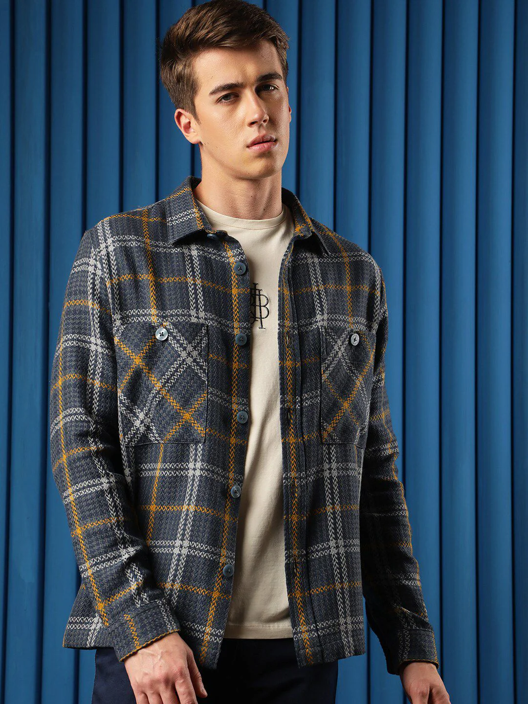 RARE RABBIT Men Hunter Tailored Fit Checked Denim Jacket - Image 2