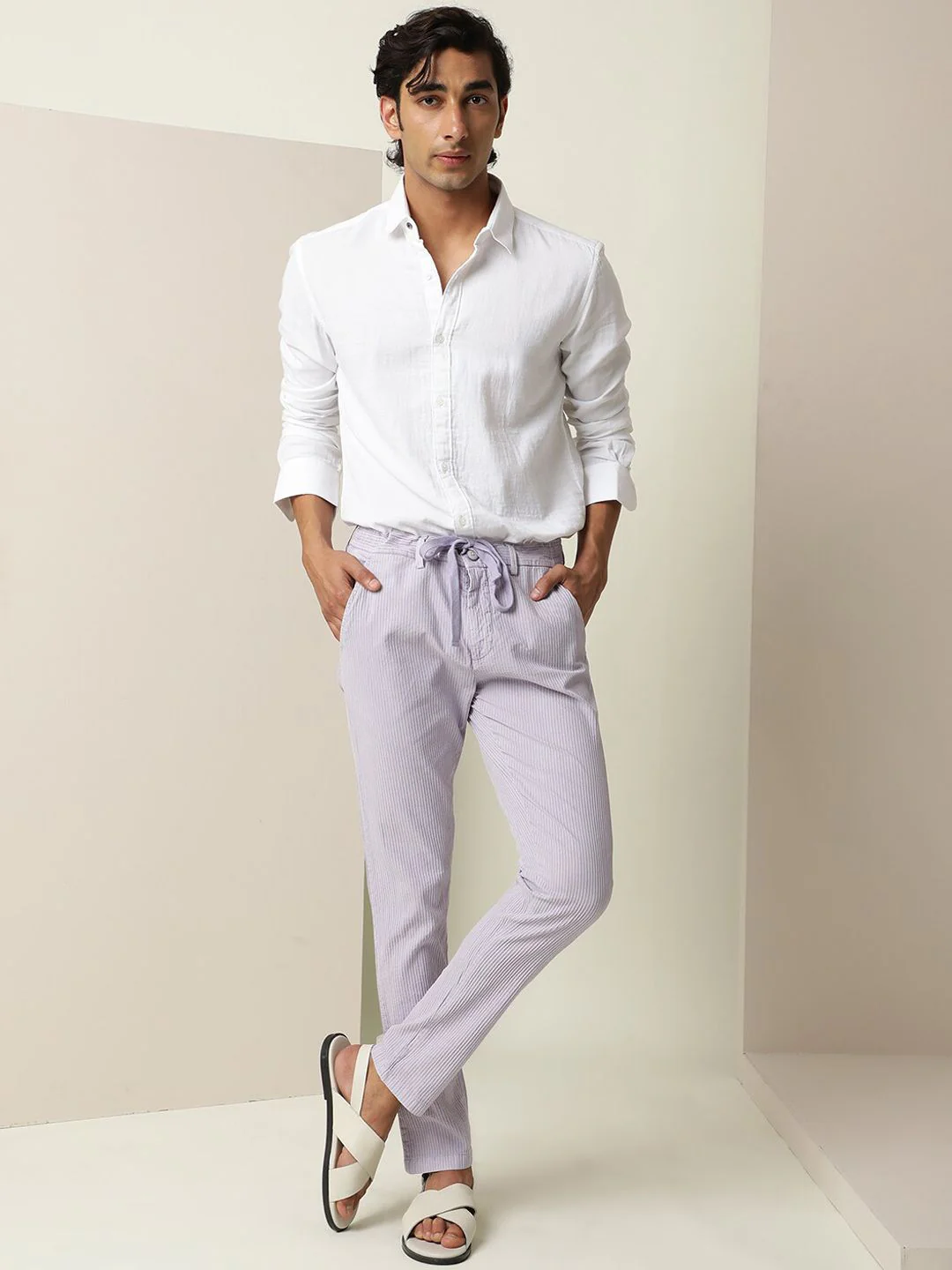 RARE RABBIT Men Monter Drawstring Striped Mid Rise Cotton Slim Fit Trouser - Image 2