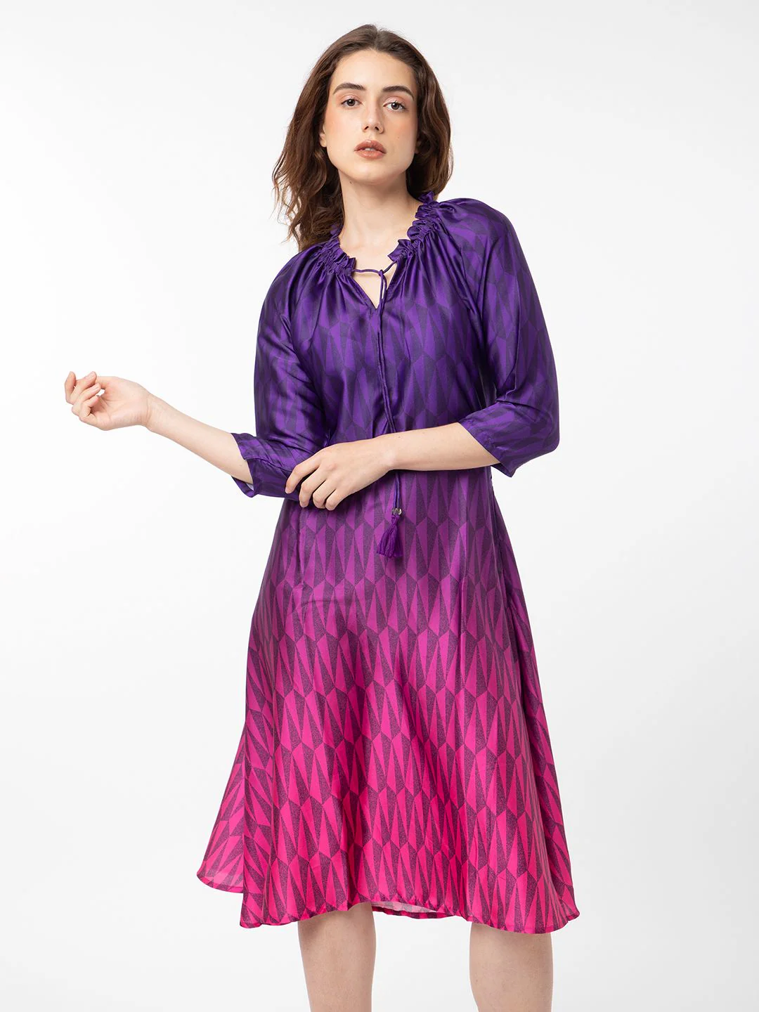 RAREISM Abstract Printed Tie -Up Belted Neck A-line Dress - Image 7