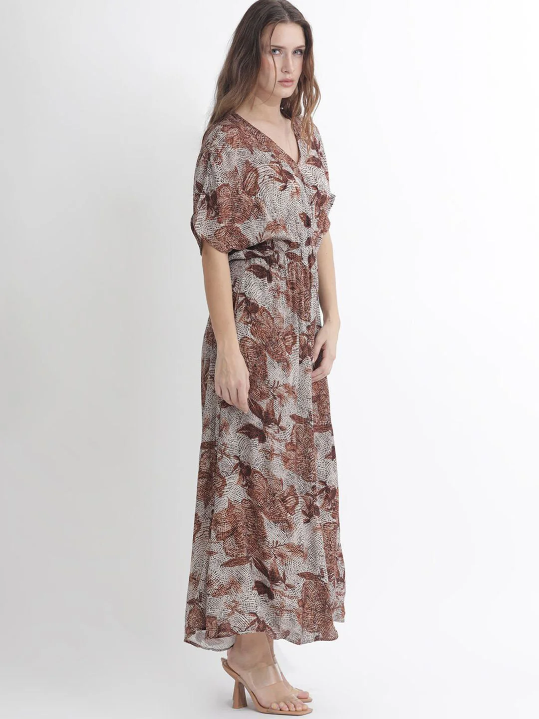 RAREISM Abstract Printed V-Neck Fit and Flare Maxi Dress - Image 3