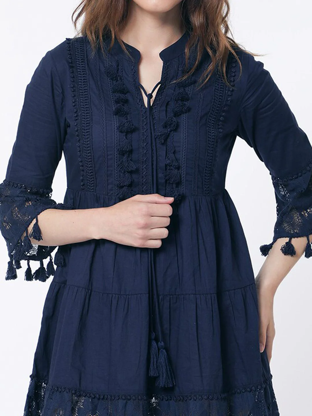 RAREISM Band Collar Bell Sleeve Tie-Up Detail Cotton Fit & Flare Dress - Image 2