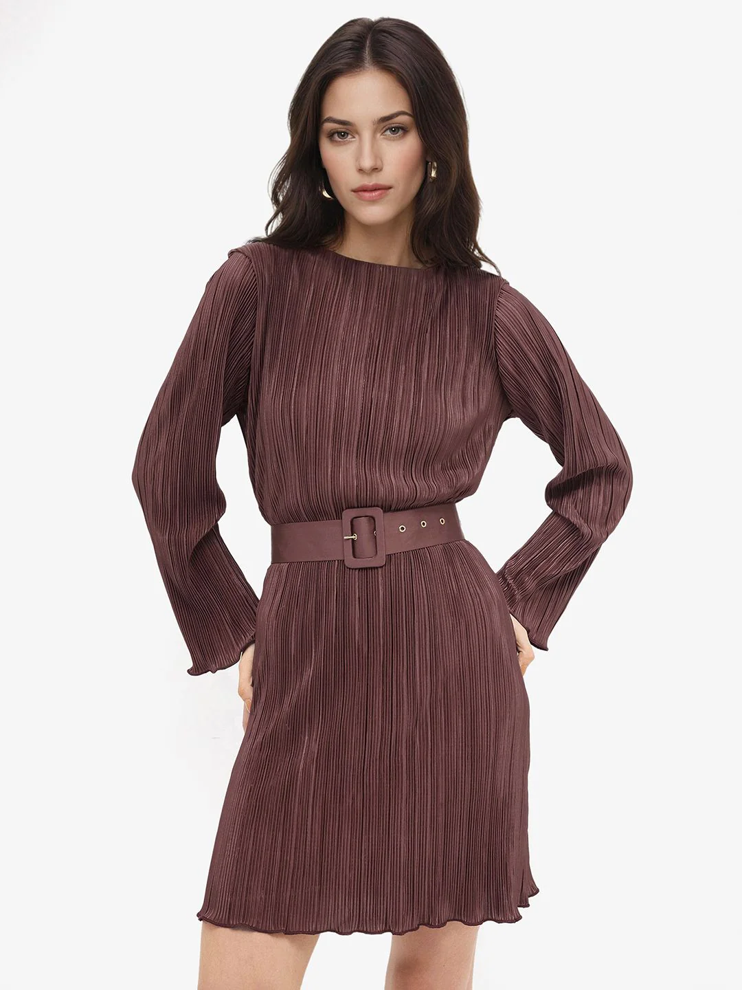 RAREISM Brown Self Design Long Sleeves A-Line Dress