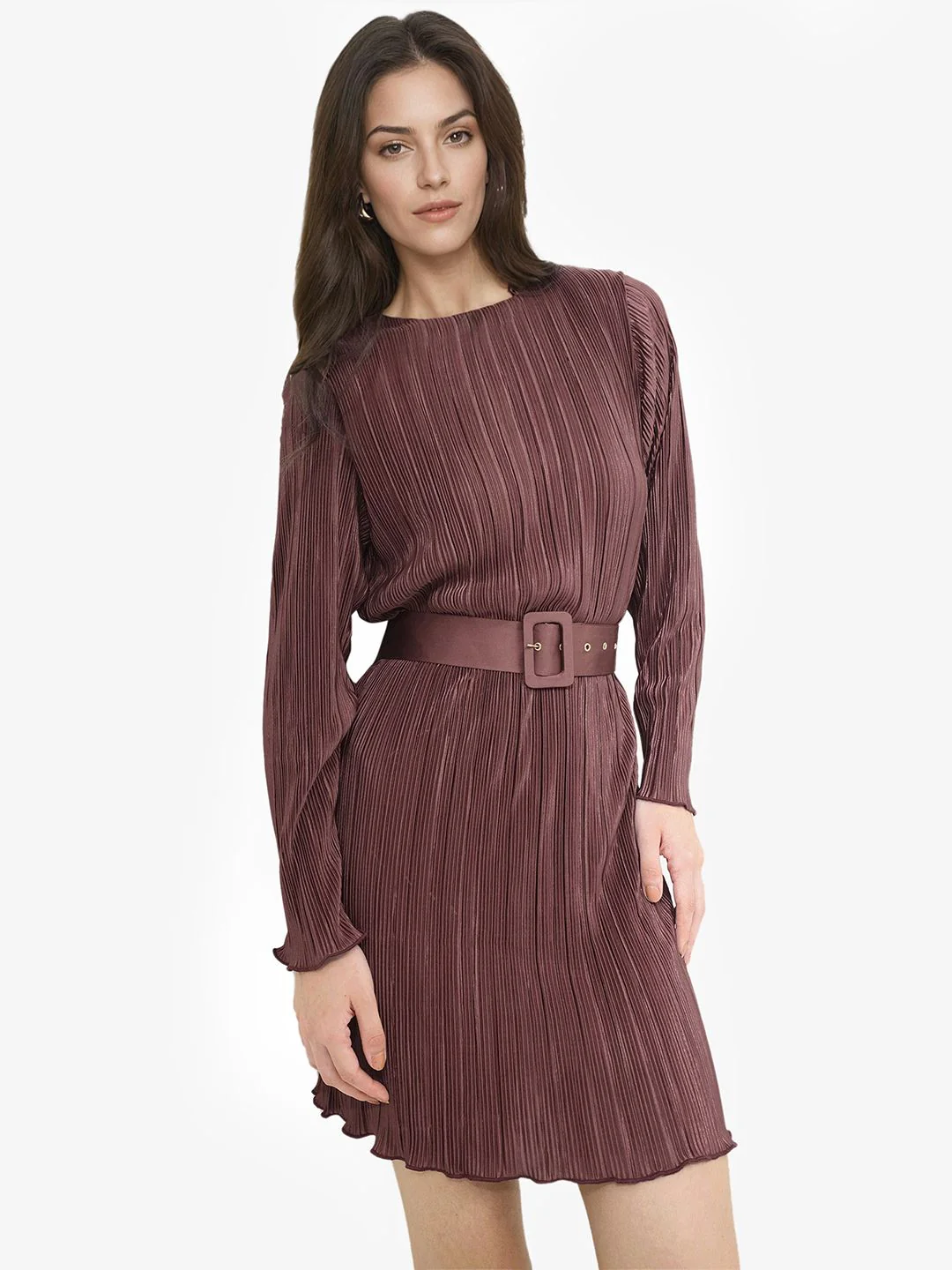 RAREISM Brown Self Design Long Sleeves A-Line Dress - Image 2