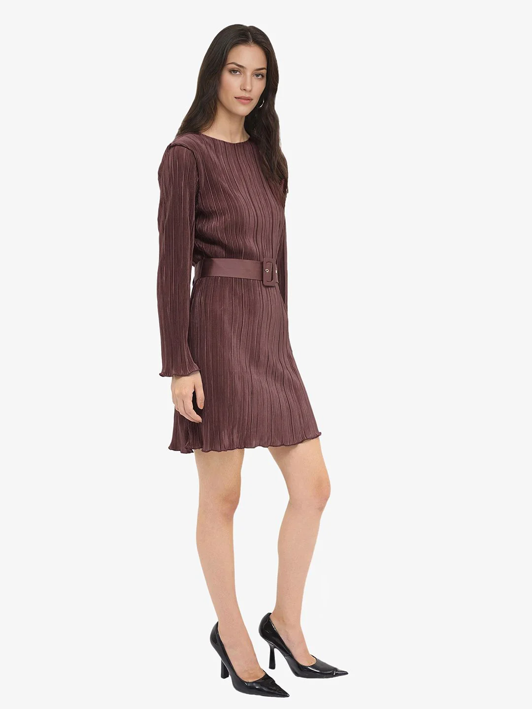 RAREISM Brown Self Design Long Sleeves A-Line Dress - Image 3