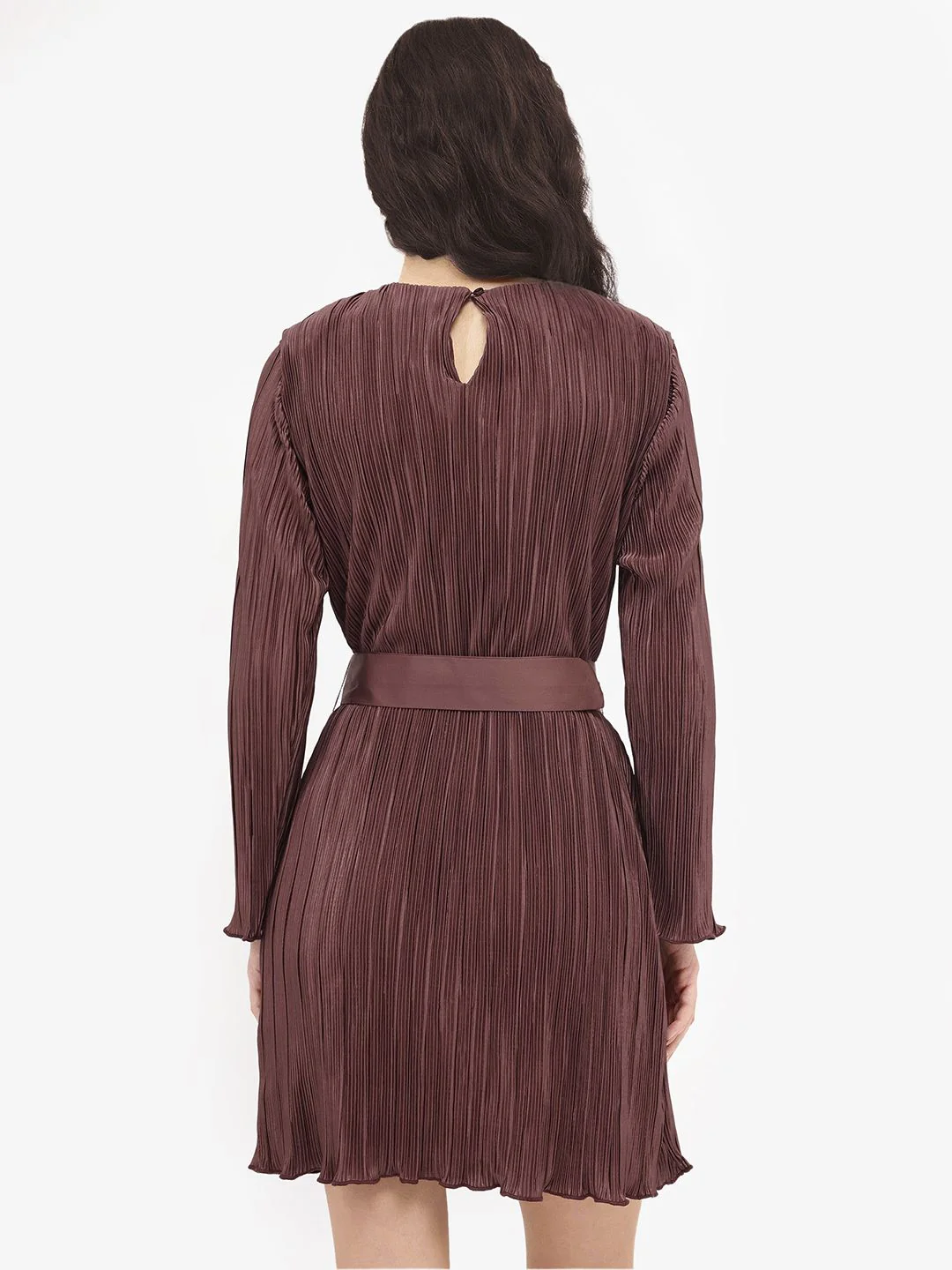 RAREISM Brown Self Design Long Sleeves A-Line Dress - Image 4