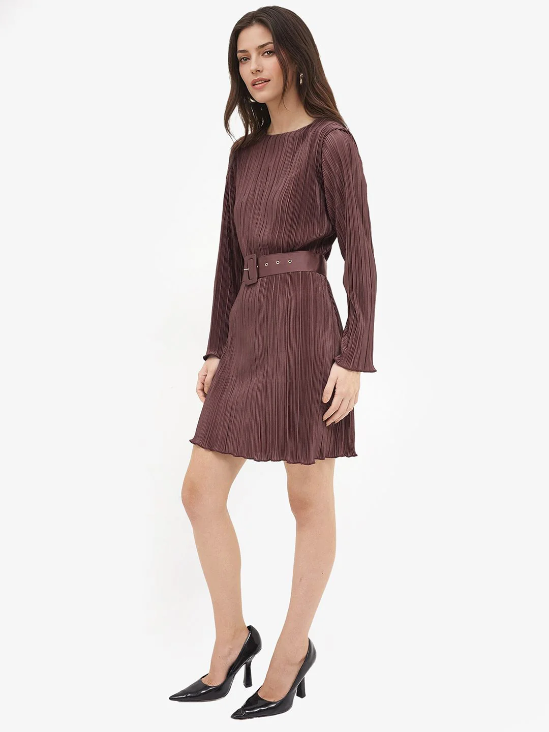 RAREISM Brown Self Design Long Sleeves A-Line Dress - Image 5