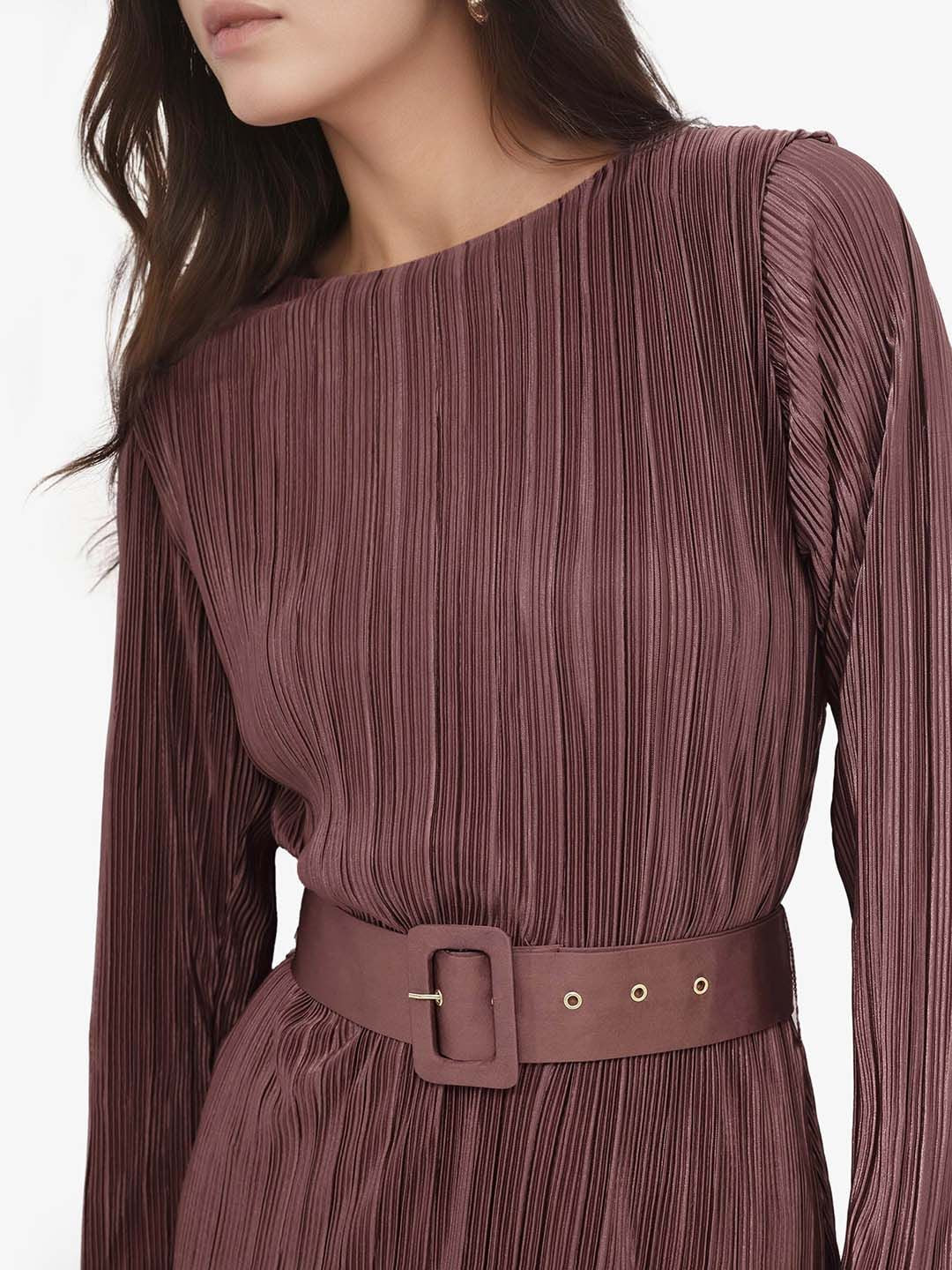 RAREISM Brown Self Design Long Sleeves A-Line Dress - Image 6