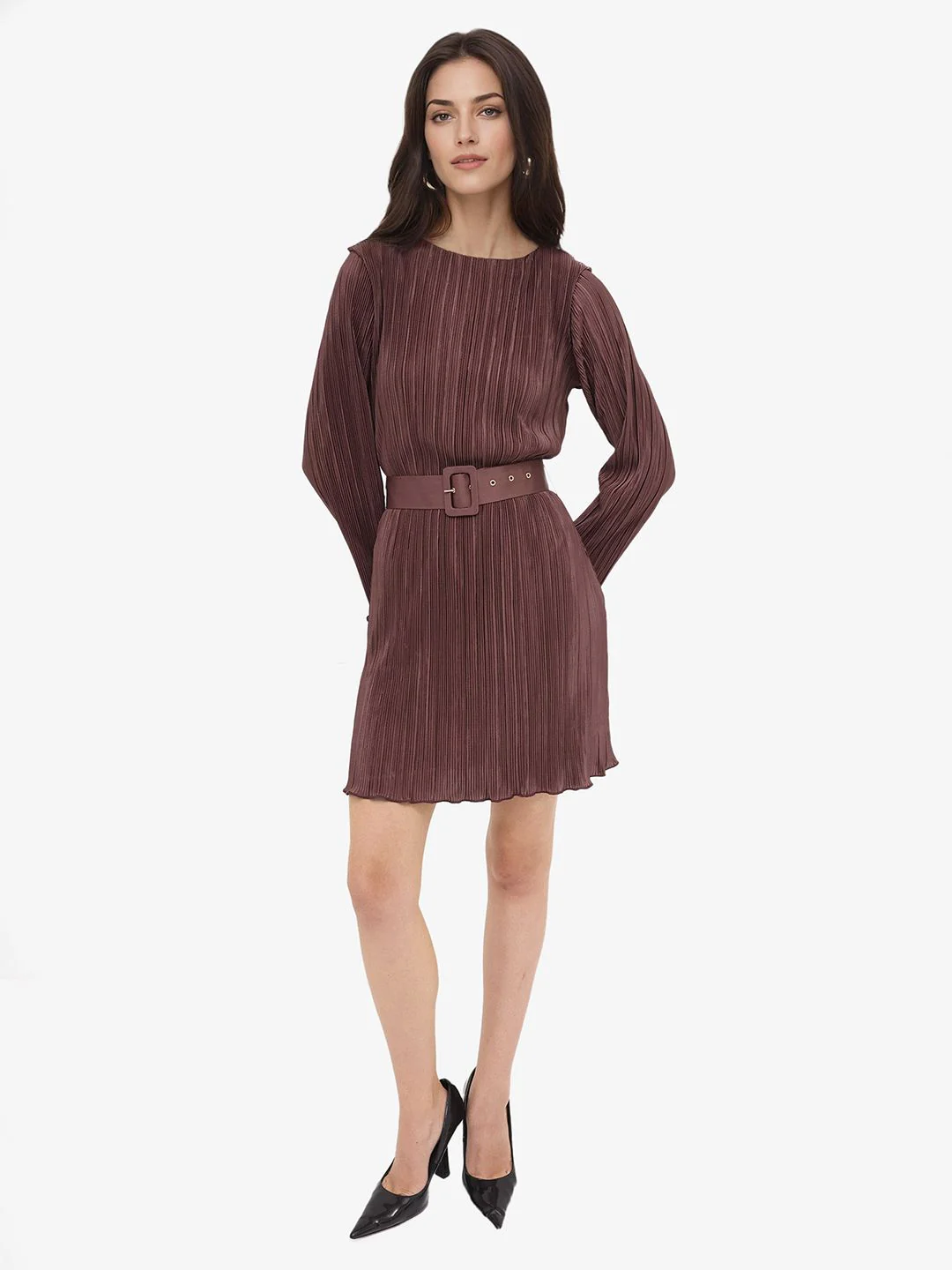 RAREISM Brown Self Design Long Sleeves A-Line Dress - Image 7
