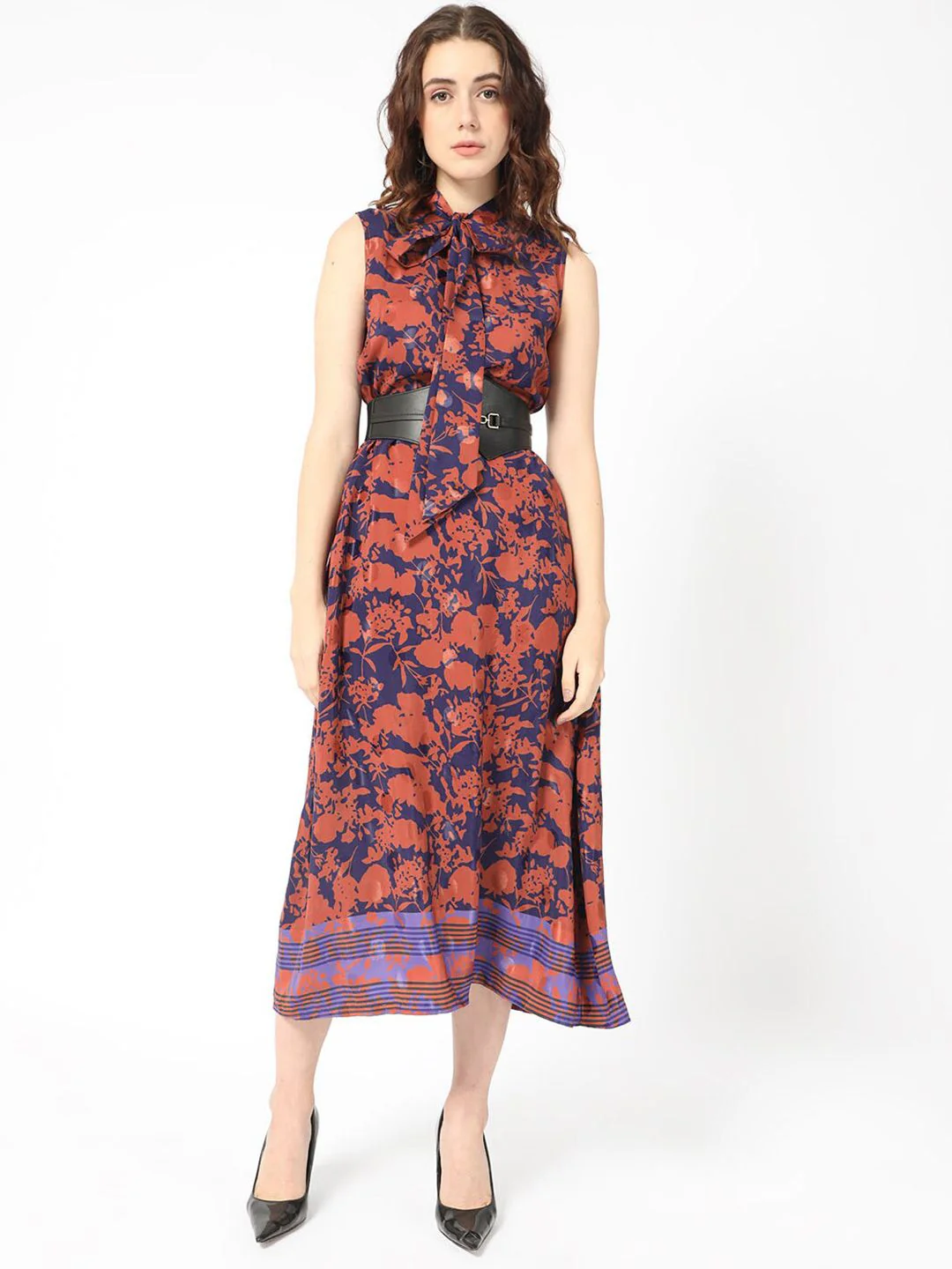 RAREISM Ellu Floral Printed Tie-Up Neck A-Line Midi Dress - Image 3