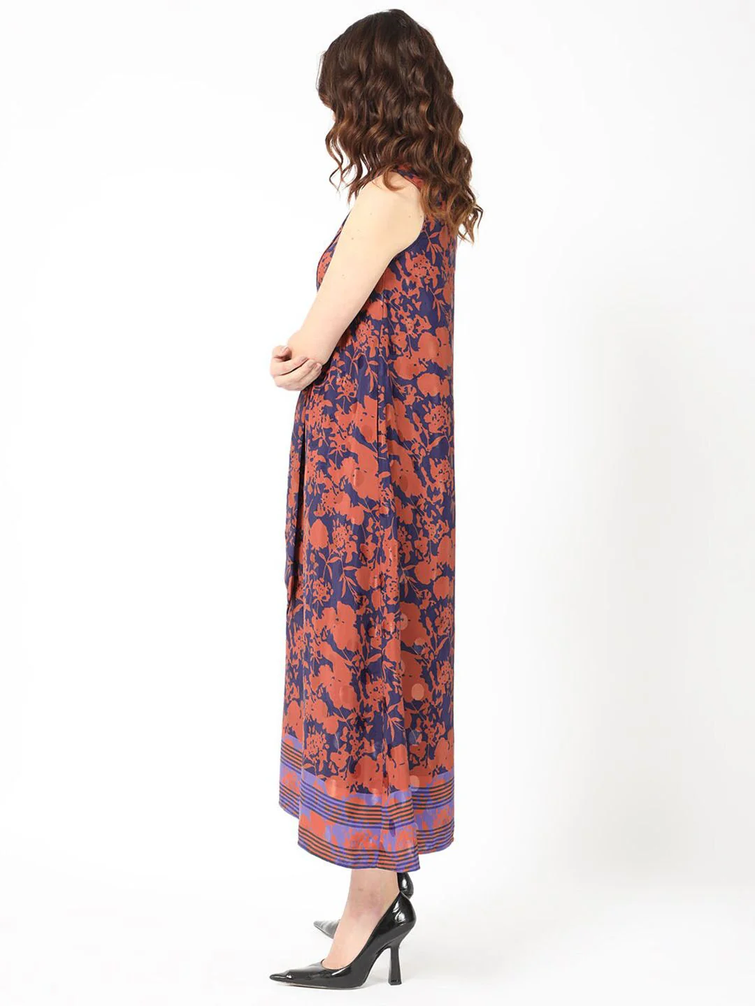 RAREISM Ellu Floral Printed Tie-Up Neck A-Line Midi Dress - Image 4