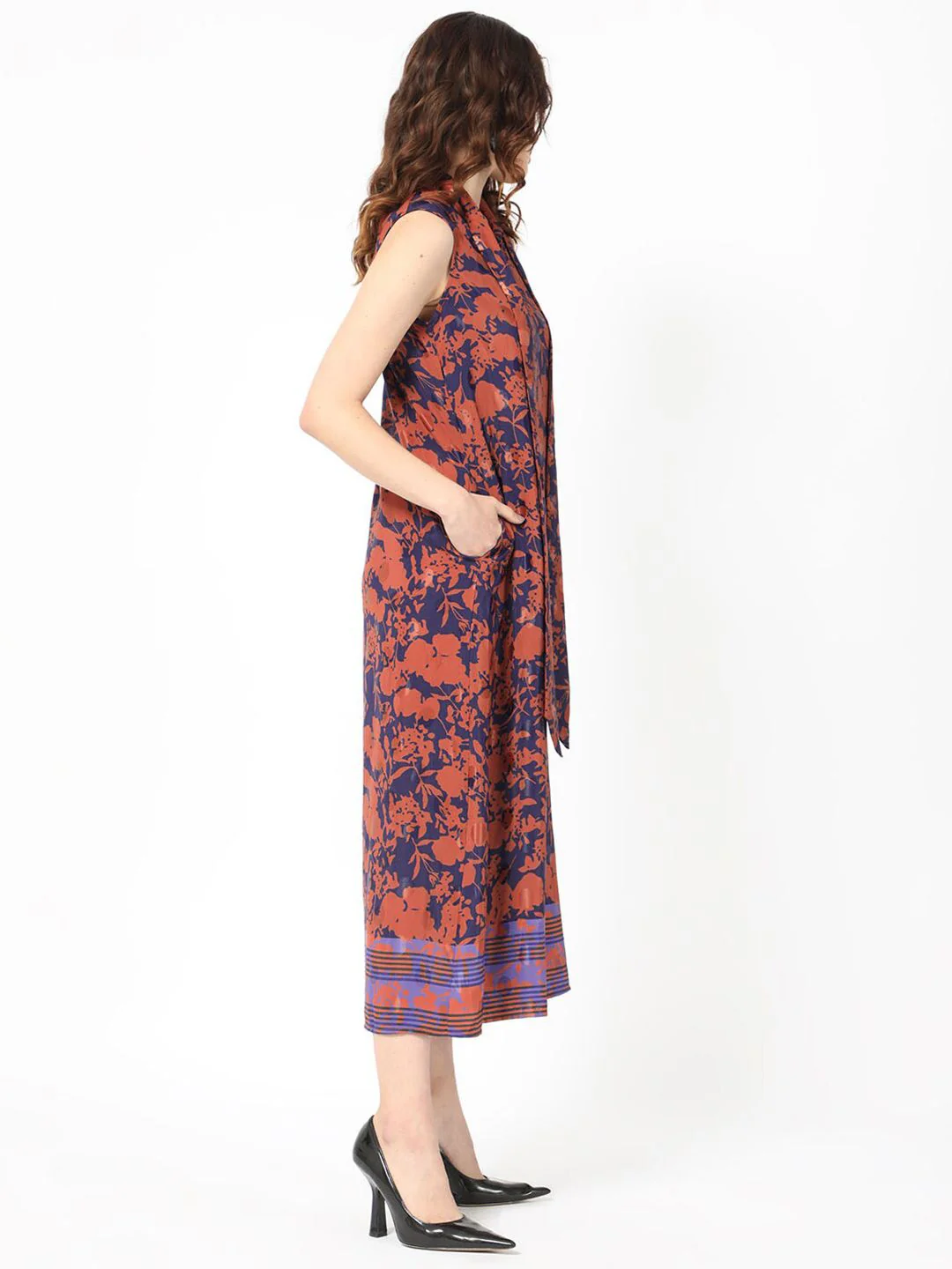 RAREISM Ellu Floral Printed Tie-Up Neck A-Line Midi Dress - Image 5