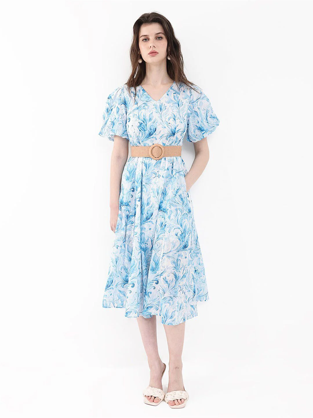 RAREISM Floral Print Flared Sleeve Fit & Flare Midi Dress - Image 5