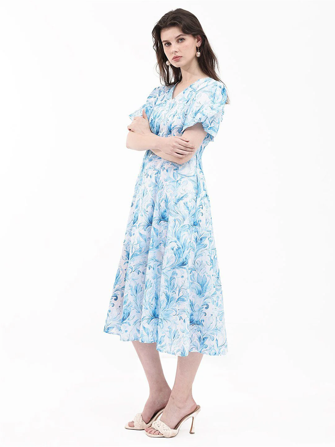 RAREISM Floral Print Flared Sleeve Fit & Flare Midi Dress - Image 6