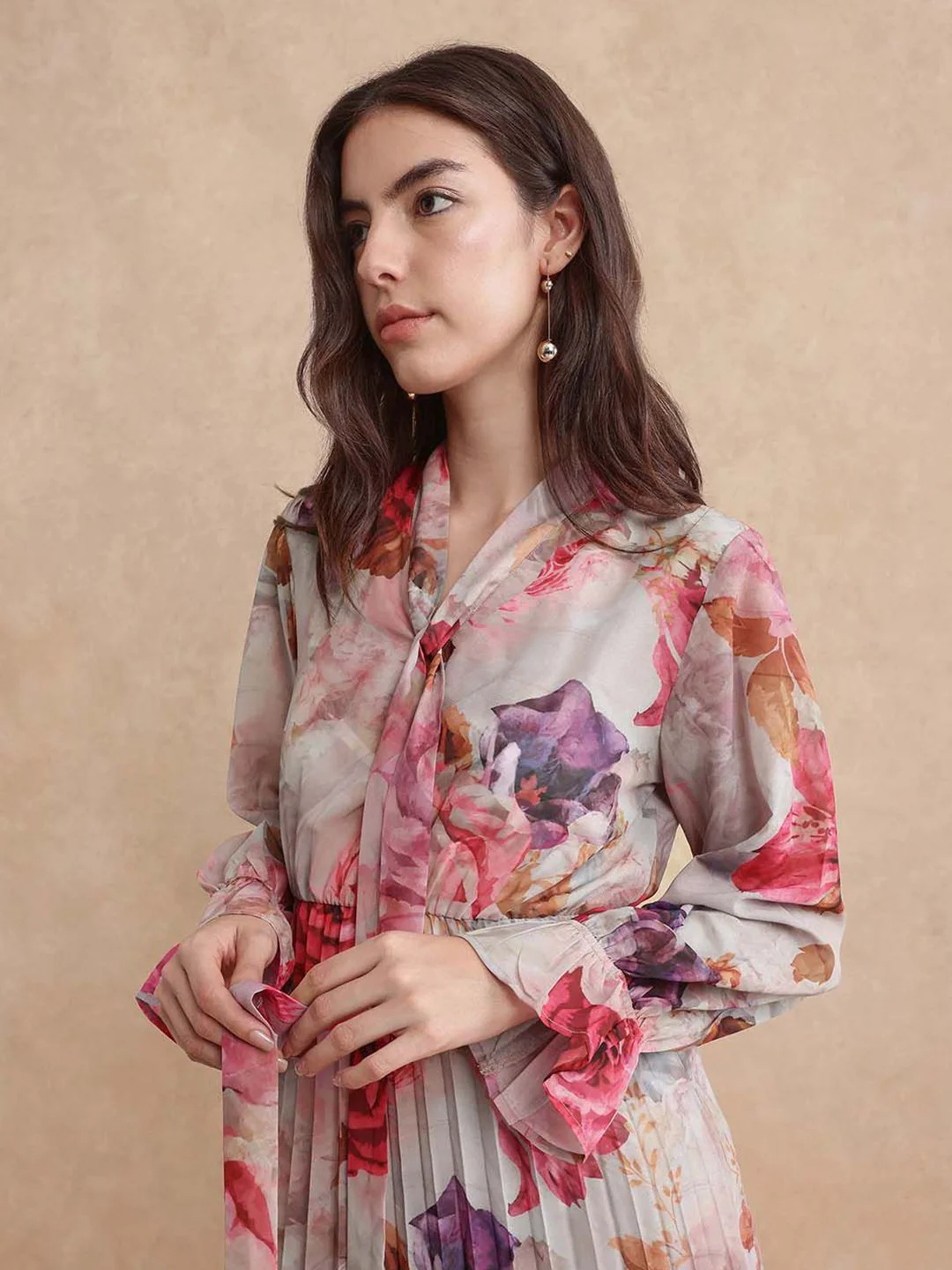 RAREISM Floral Print Tie-Up Neck A-Line Maxi Dress - Image 3